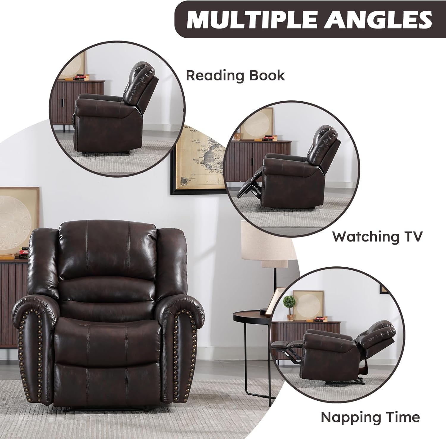 Dark Brown Leather Recliner Chair With Plush Armrests