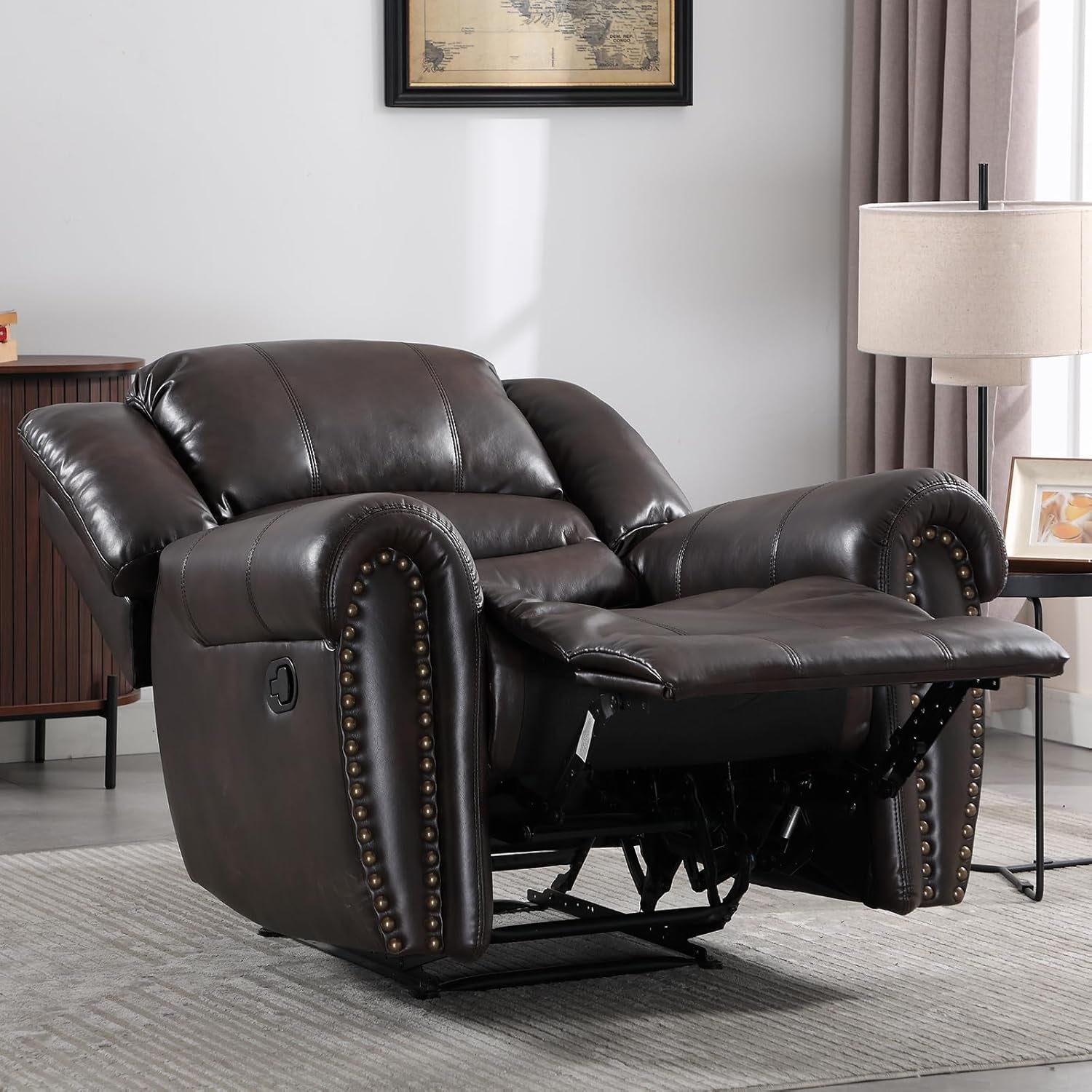 Dark Brown Leather Recliner Chair With Plush Armrests