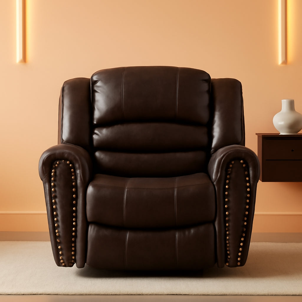 Dark Brown Leather Recliner Chair With Plush Armrests