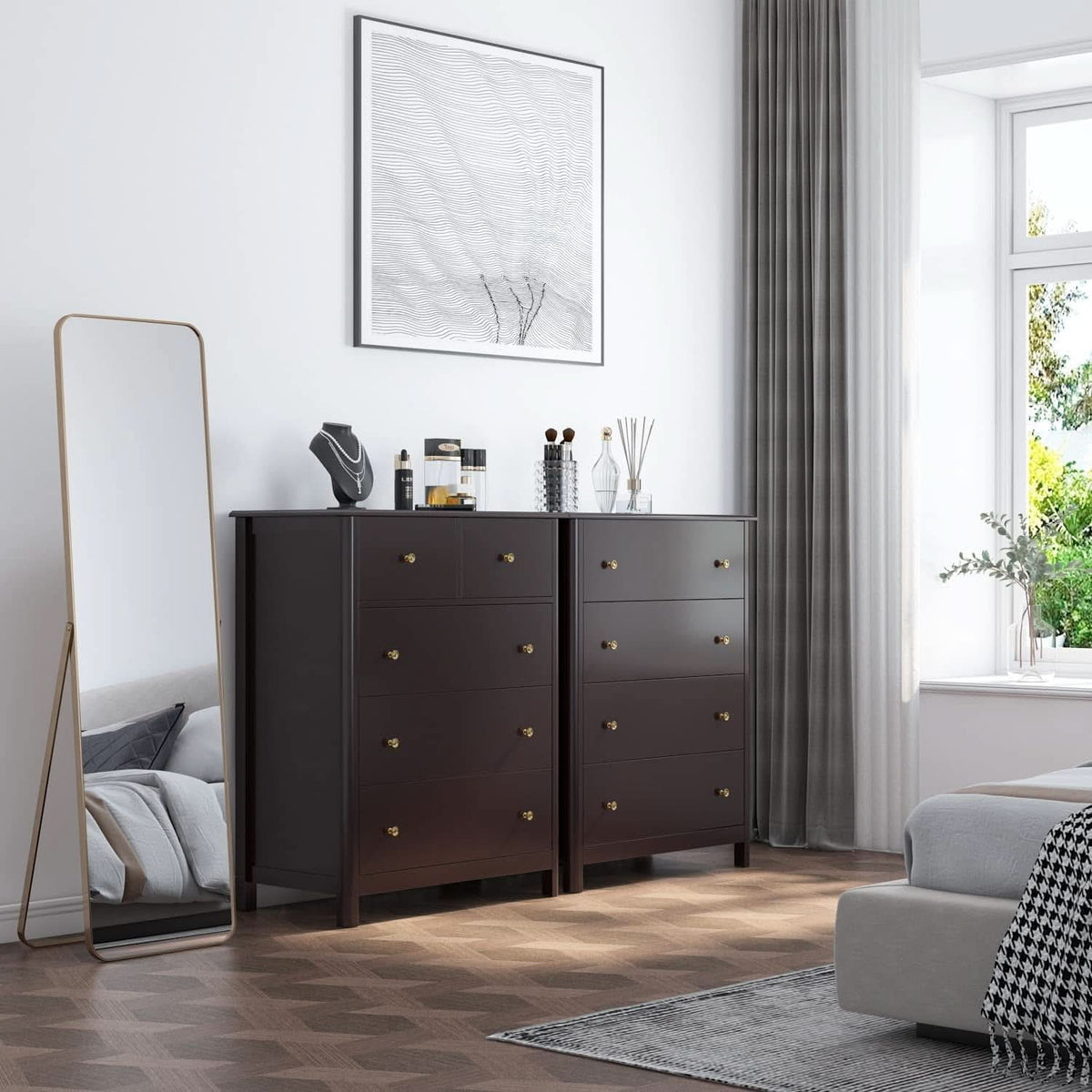 Dark Brown Modern 5 Drawer Chest of Drawers for Bedroom