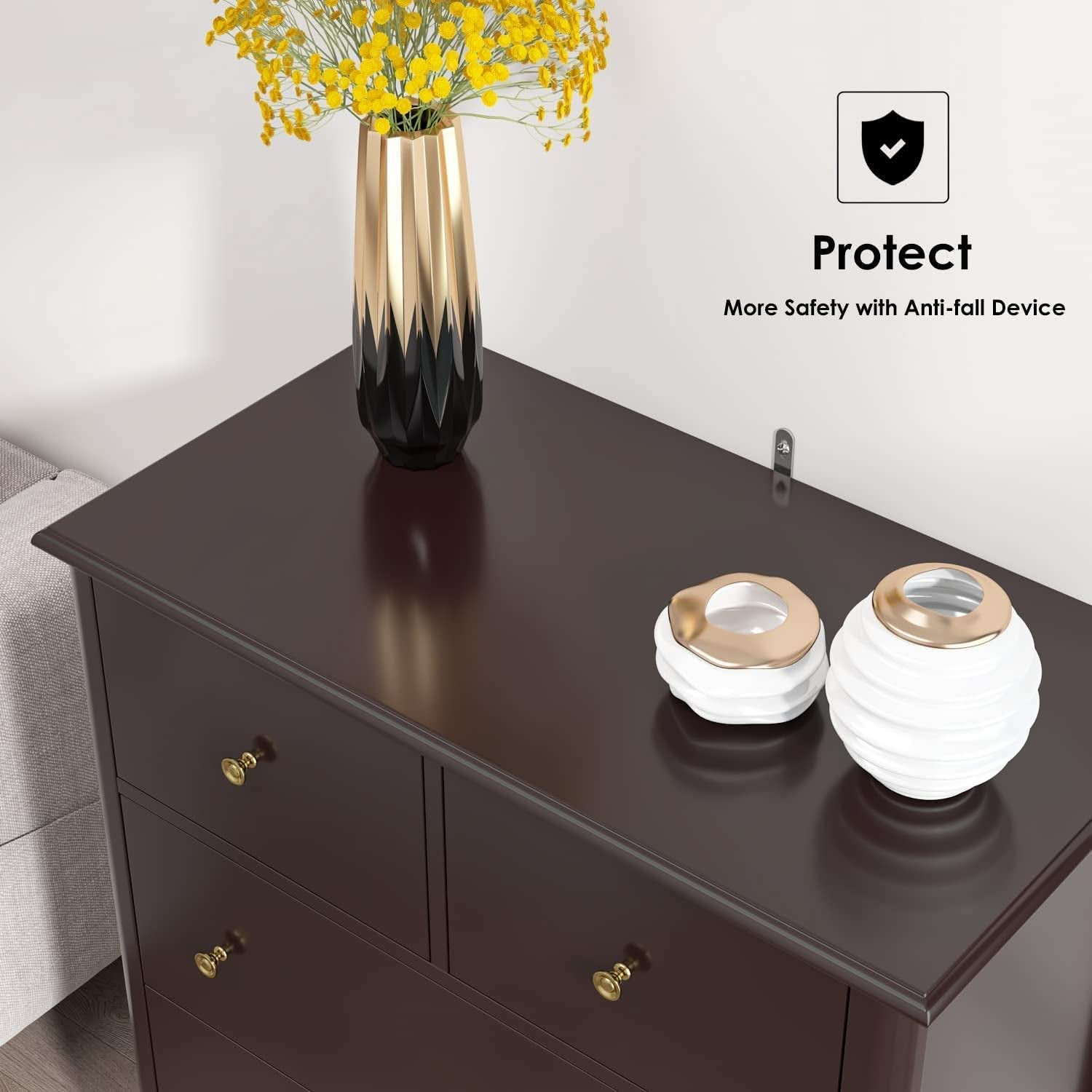 Dark Brown Modern 5 Drawer Chest of Drawers for Bedroom