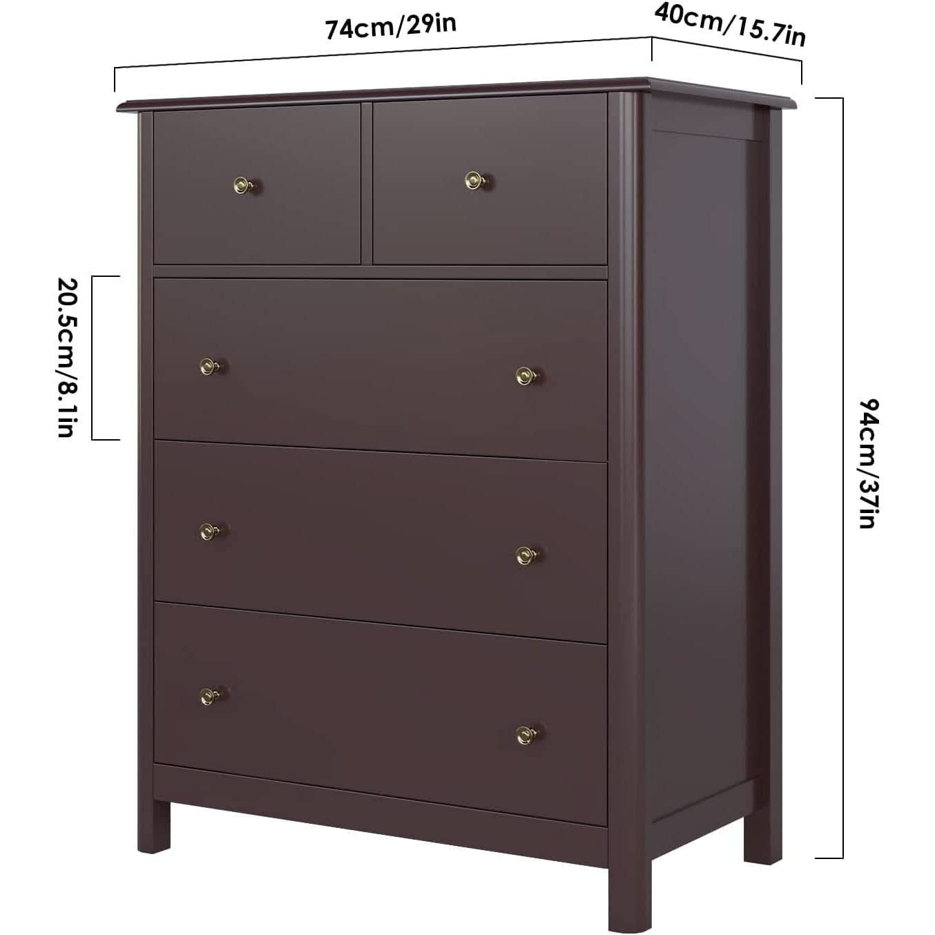 Dark Brown Modern 5 Drawer Chest of Drawers for Bedroom