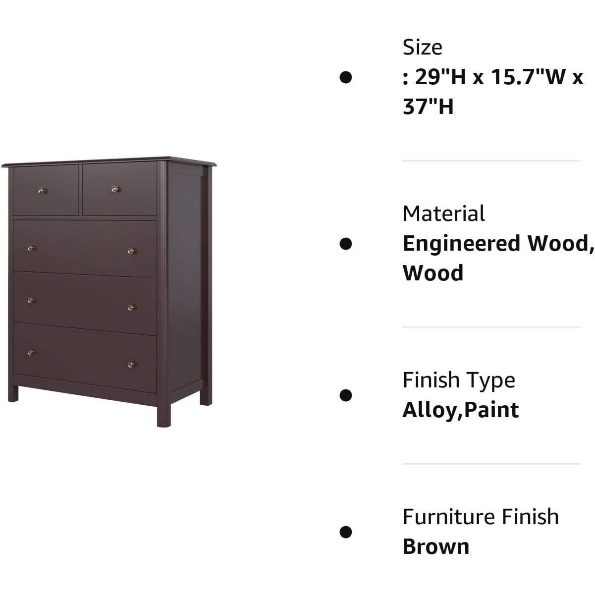 Dark Brown Modern 5 Drawer Chest of Drawers for Bedroom