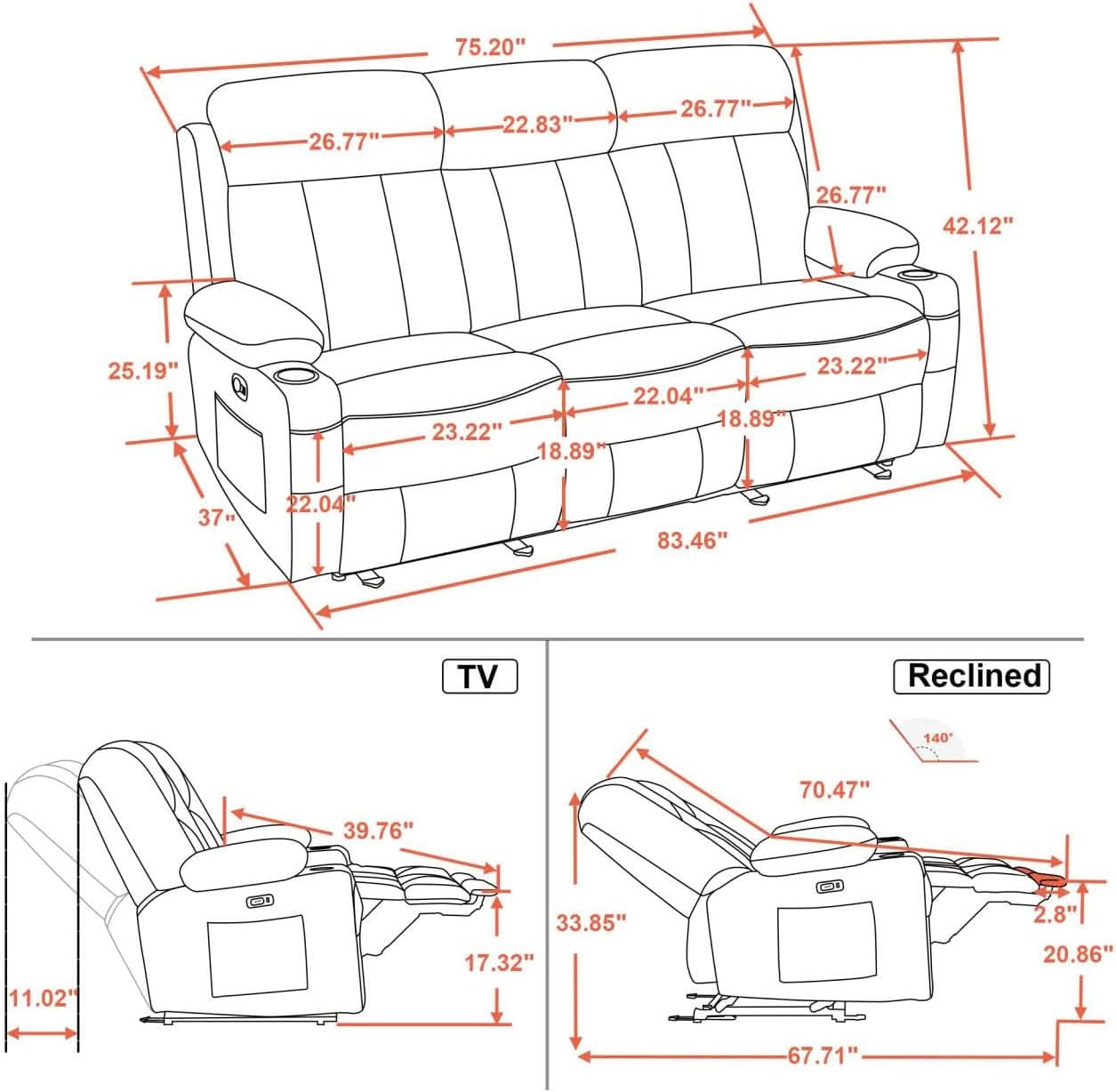 Dark Brown Power Reclining Sofa With Heat And Vibration