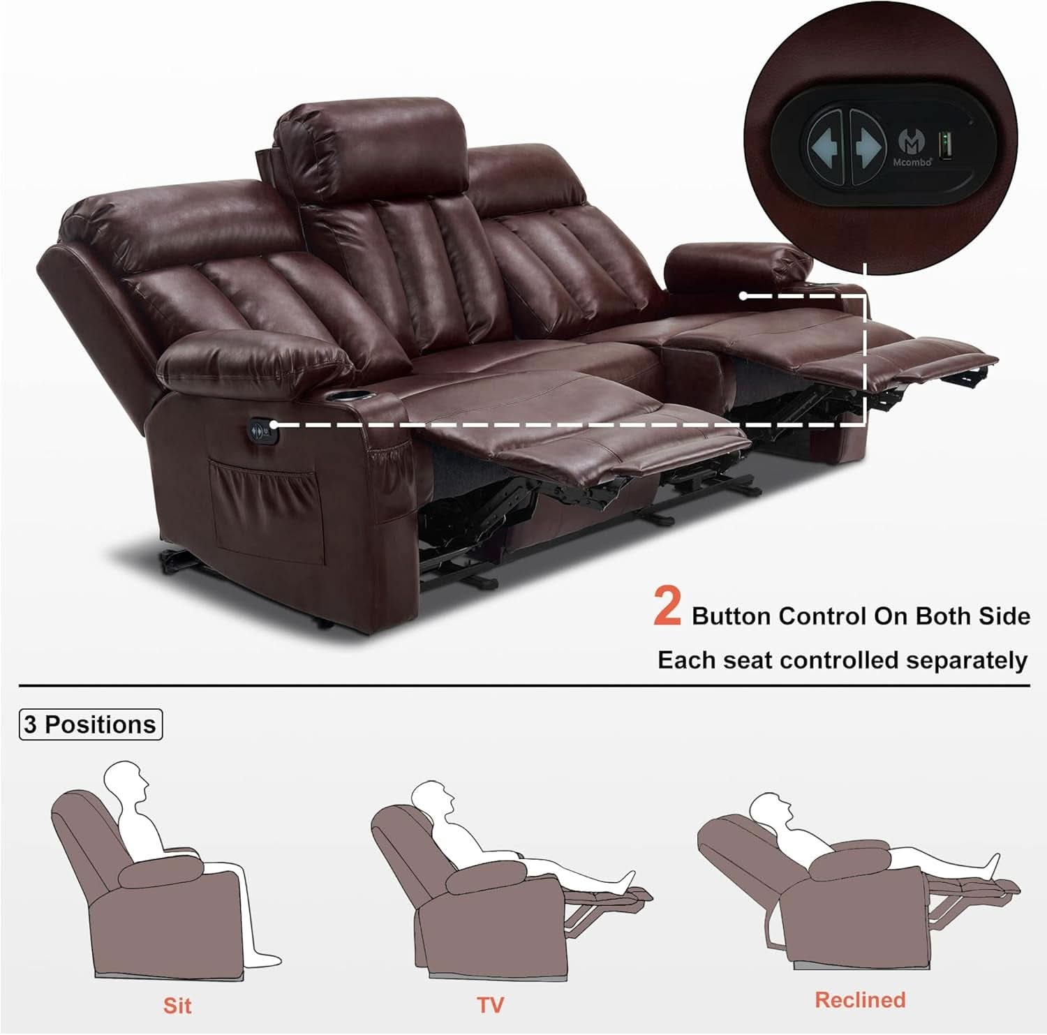 Dark Brown Power Reclining Sofa With Heat And Vibration