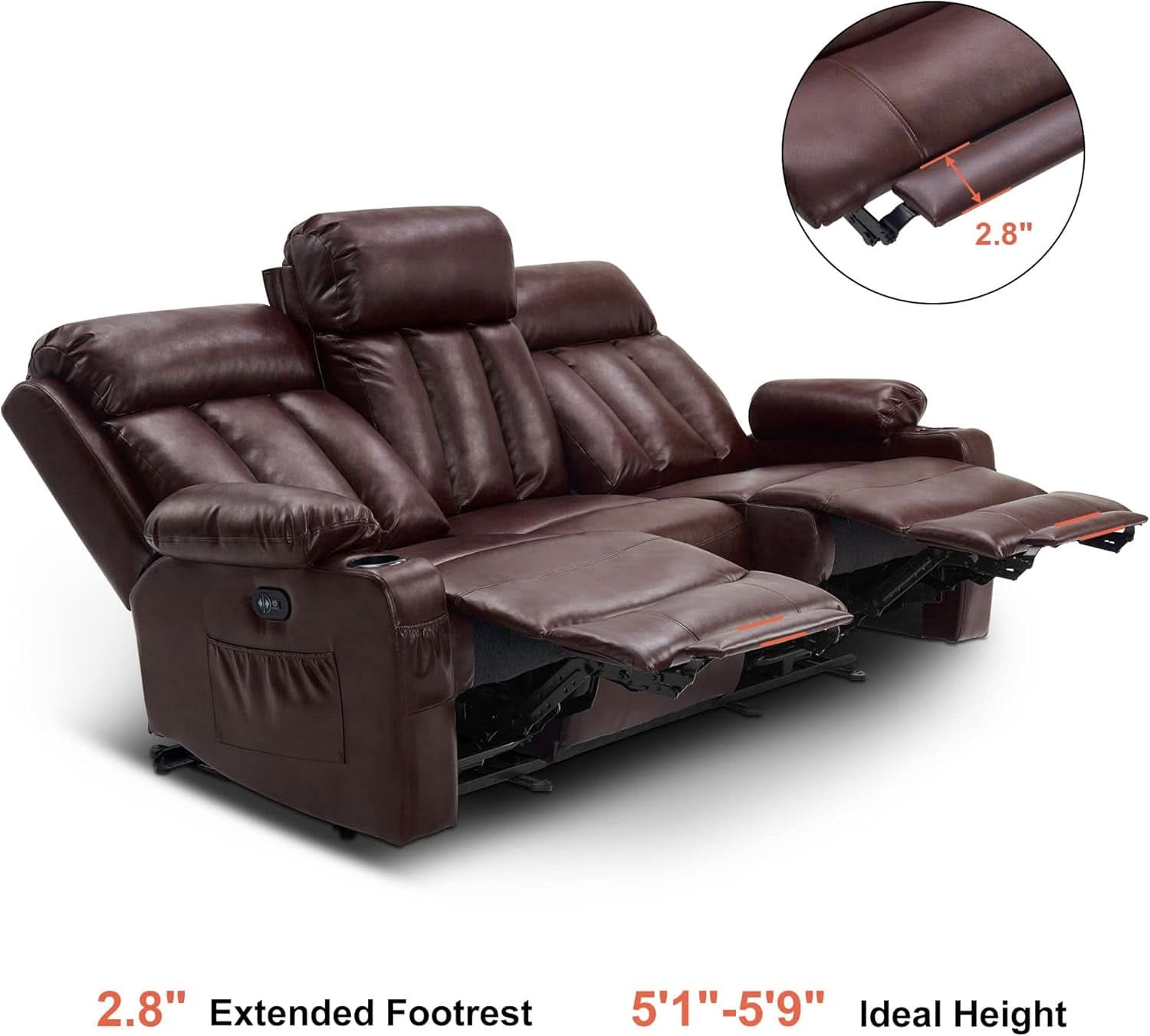 Dark Brown Power Reclining Sofa With Heat And Vibration