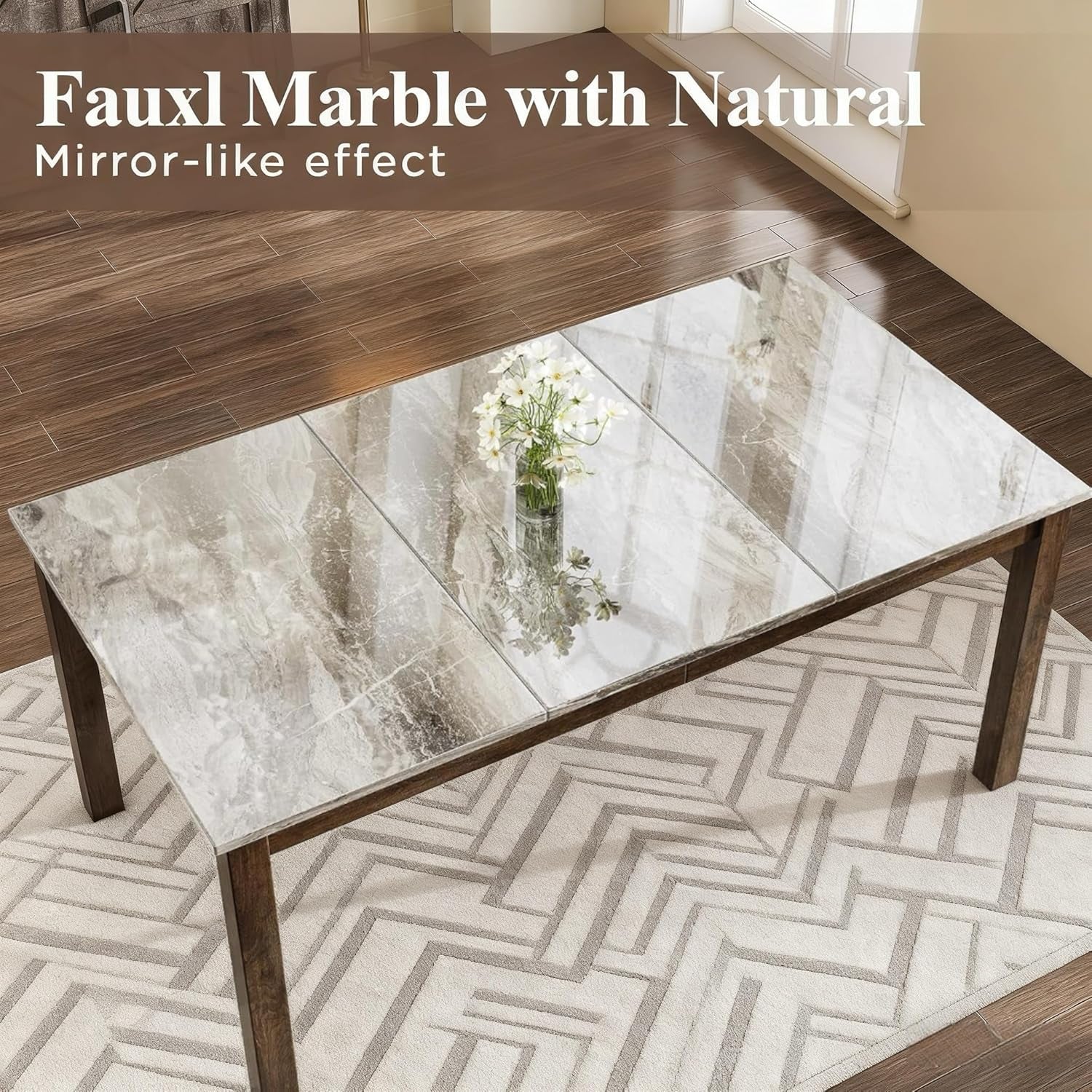 Dark Brown Rectangular Dining Table Set Marble Top Surface