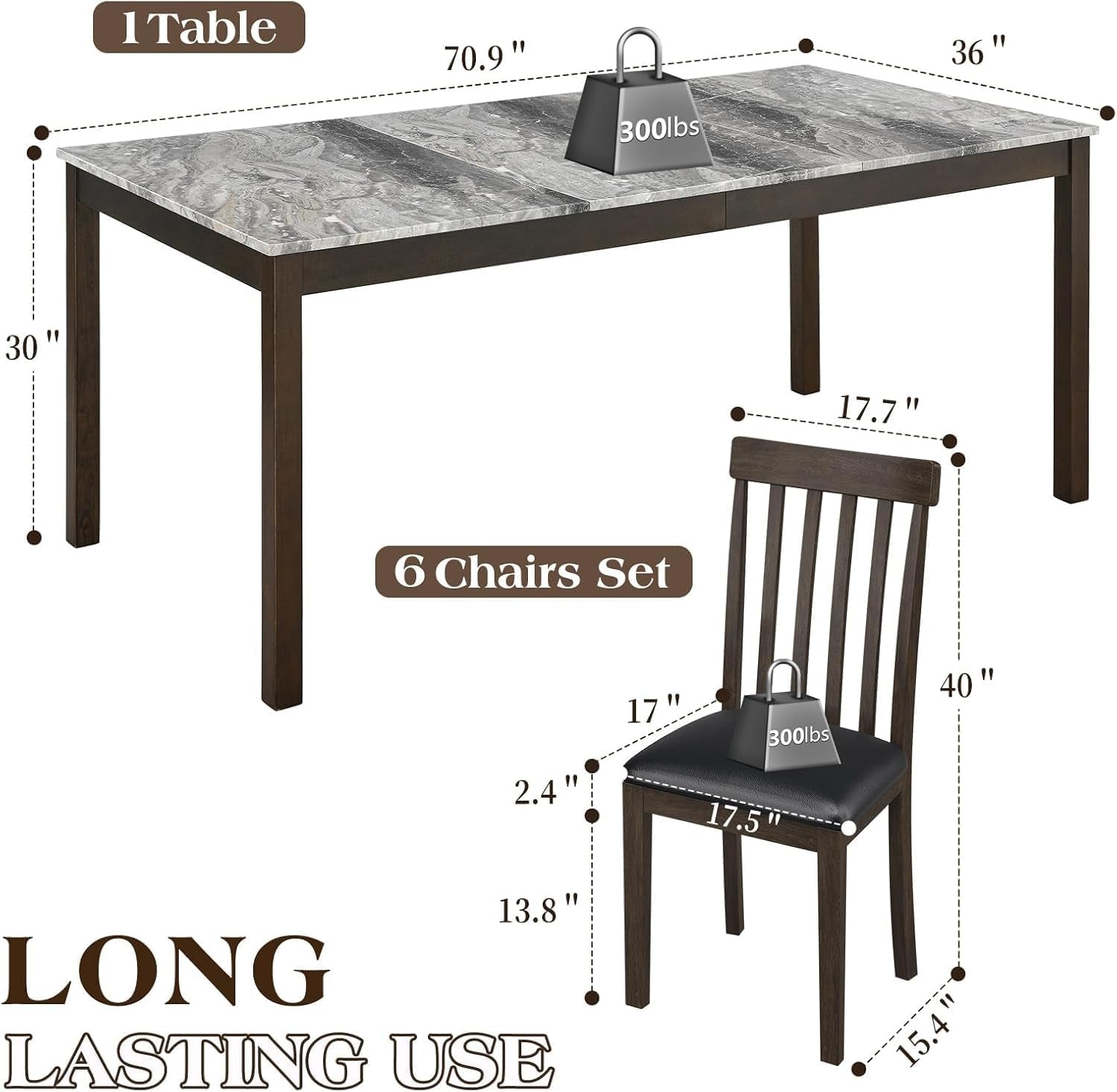 Dark Brown Rectangular Dining Table Set Marble Top Surface