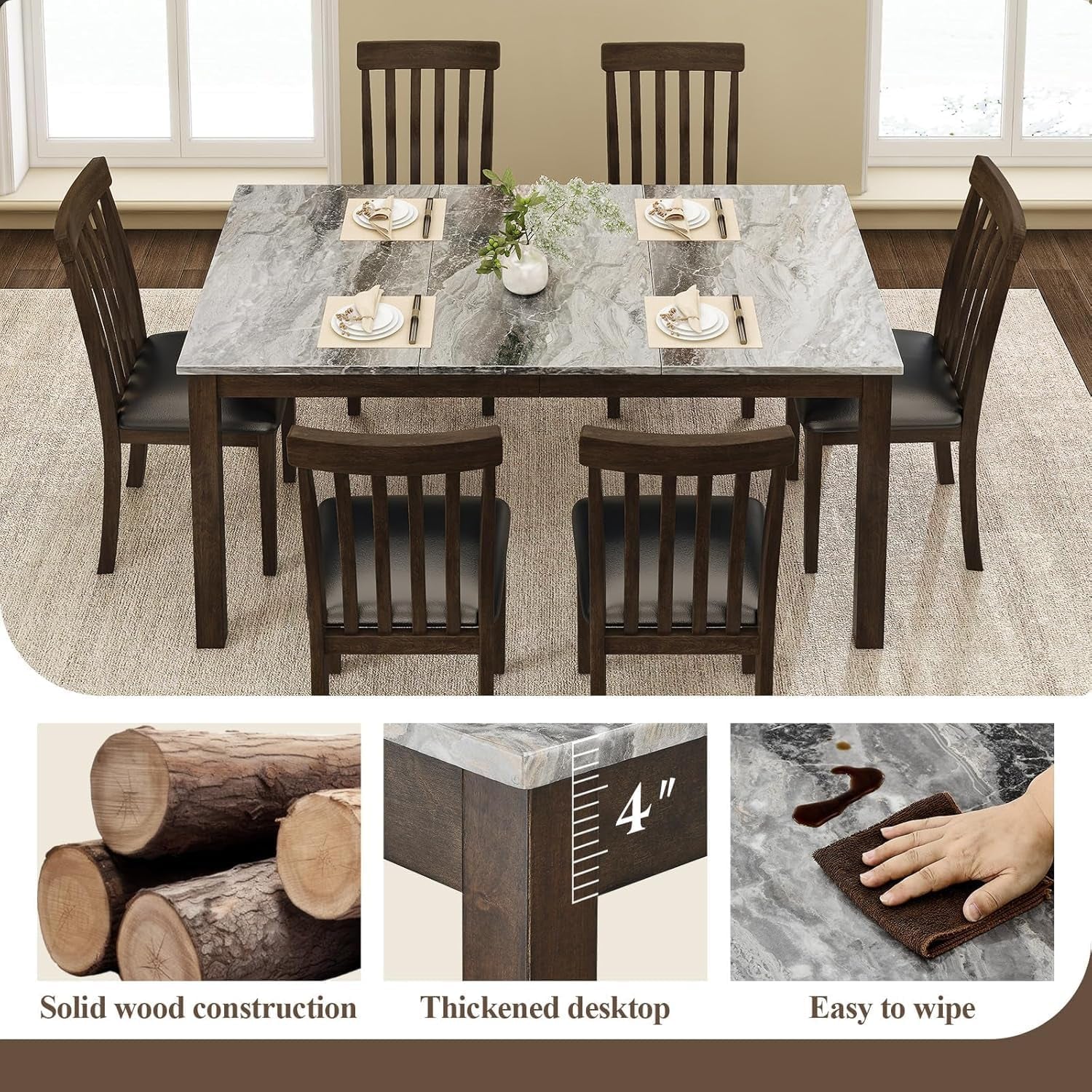 Dark Brown Rectangular Dining Table Set Marble Top Surface