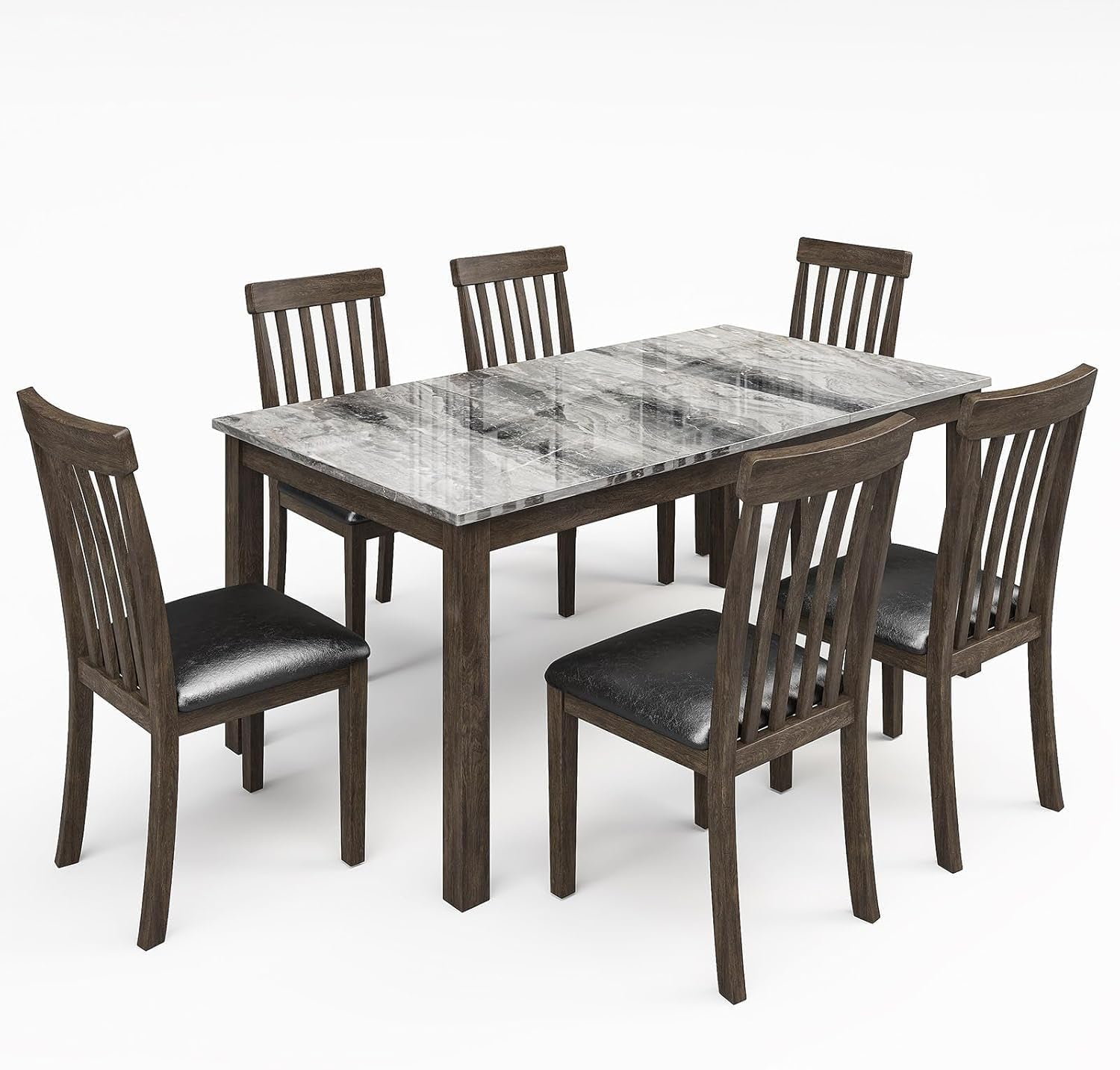 Dark Brown Rectangular Dining Table Set Marble Top Surface