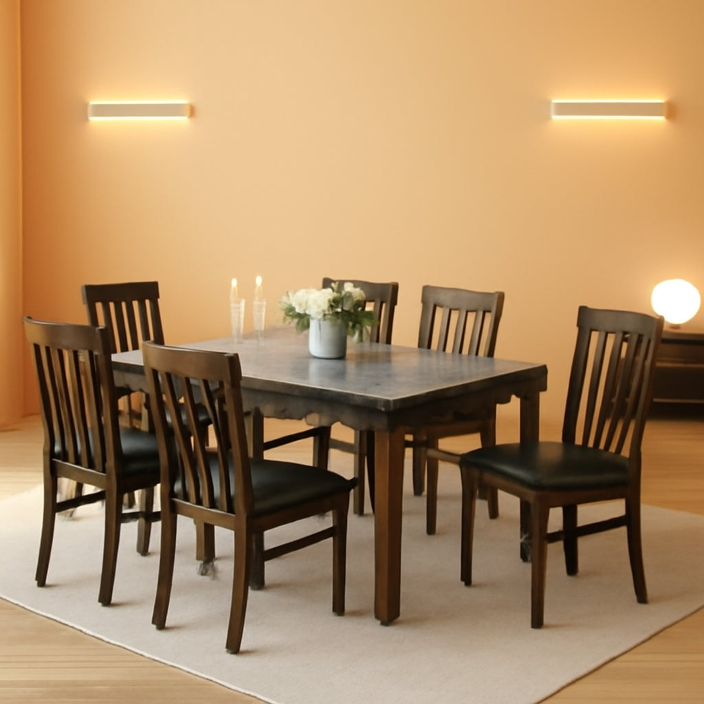 Dark Brown Rectangular Dining Table Set Marble Top Surface
