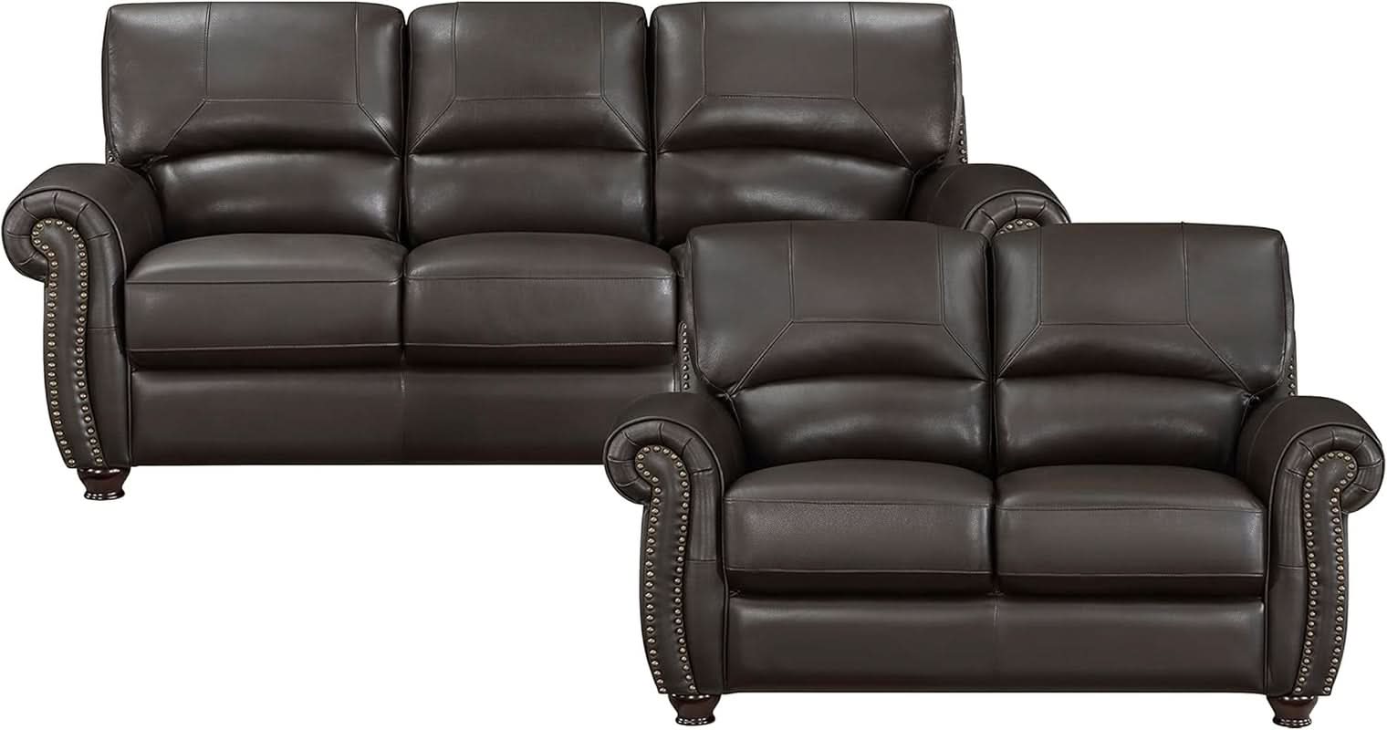 Dark Brown Top Grain Leather Sofa Set With Loveseat