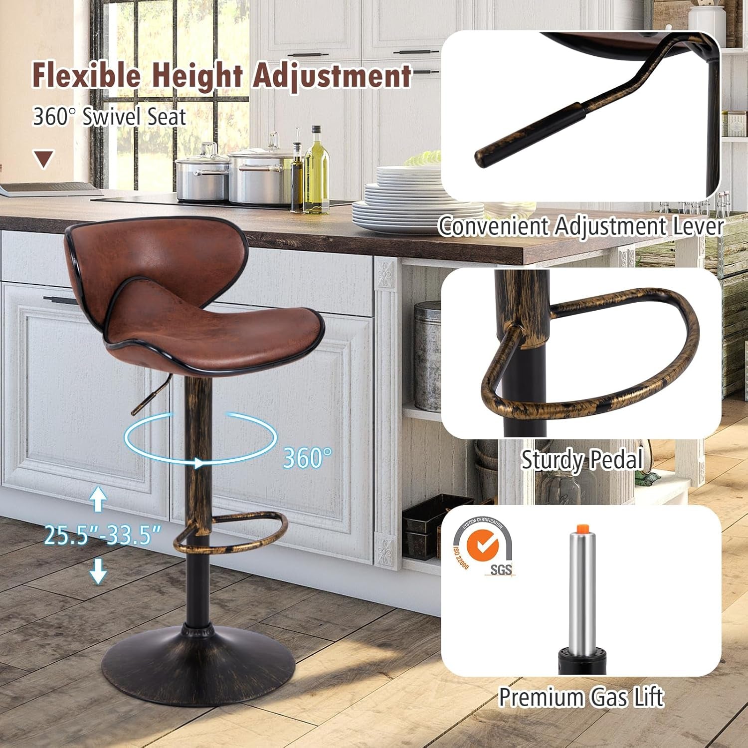 Dark Brown Two Pack Swivel Bar Stools With Backrest