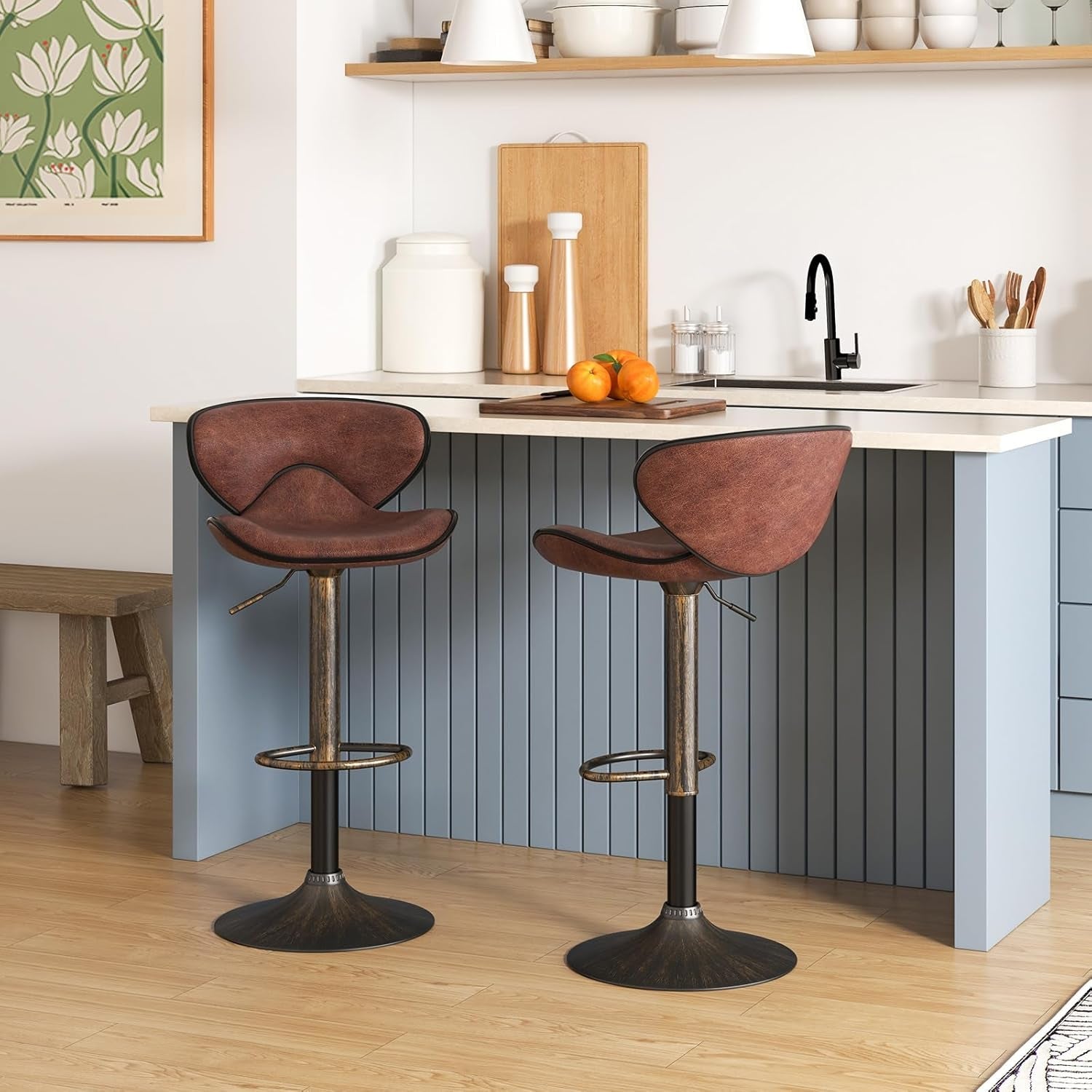 Dark Brown Two Pack Swivel Bar Stools With Backrest