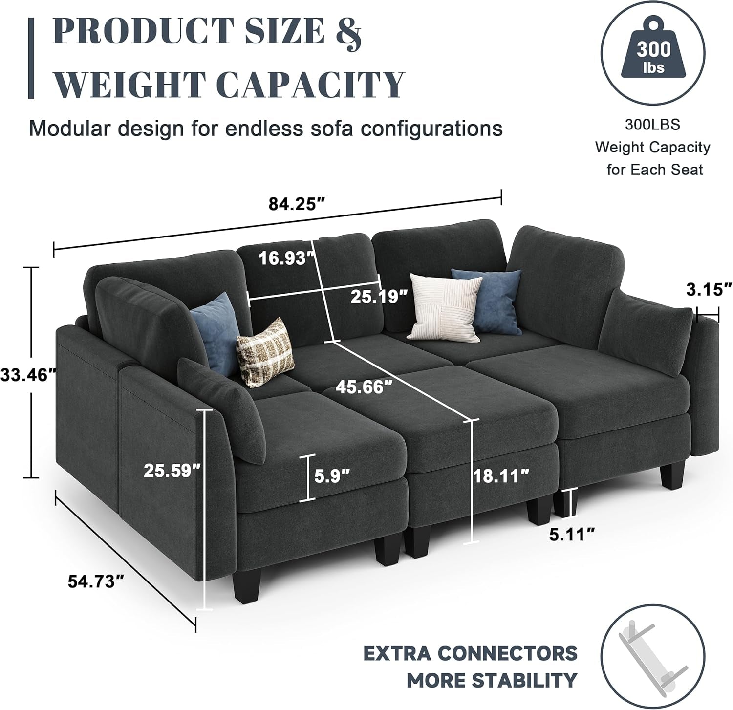 Dark Charcoal Contemporary Six Seater Sleeper Sofa