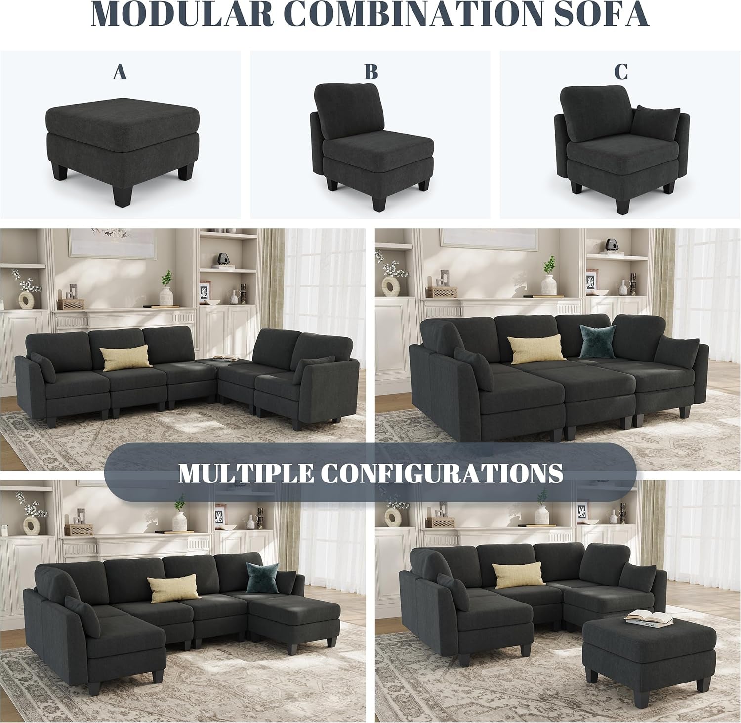 Dark Charcoal Contemporary Six Seater Sleeper Sofa