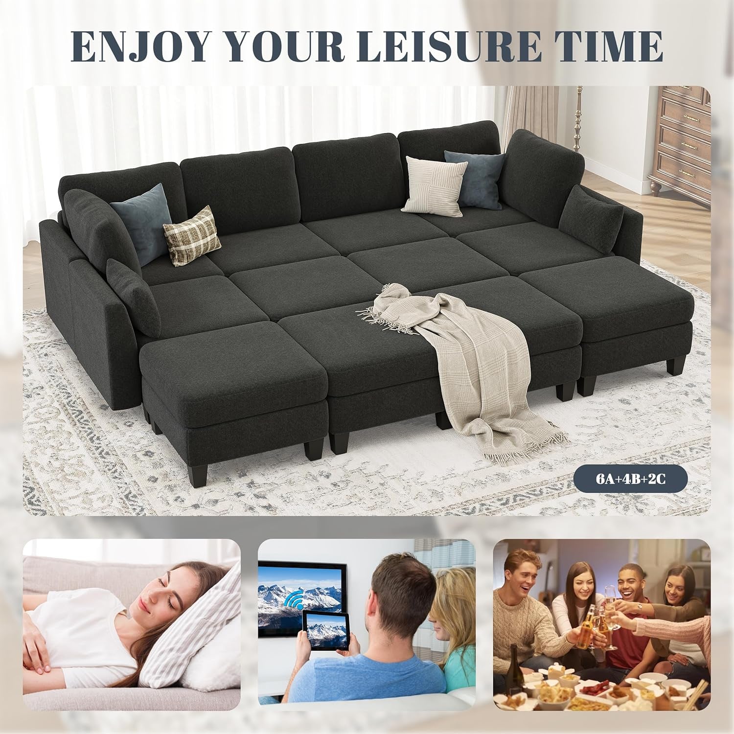 Dark Charcoal Contemporary Six Seater Sleeper Sofa