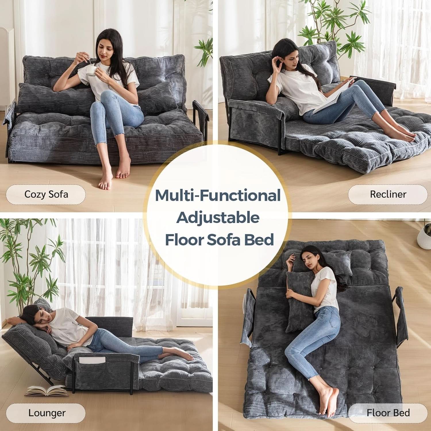 Dark Gray Adjustable Floor Sofa 5 Position Reclining Bed