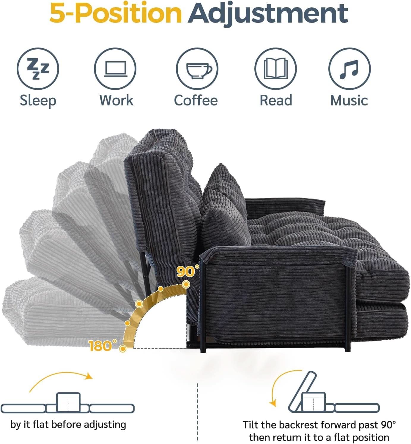 Dark Gray Adjustable Floor Sofa 5 Position Reclining Bed