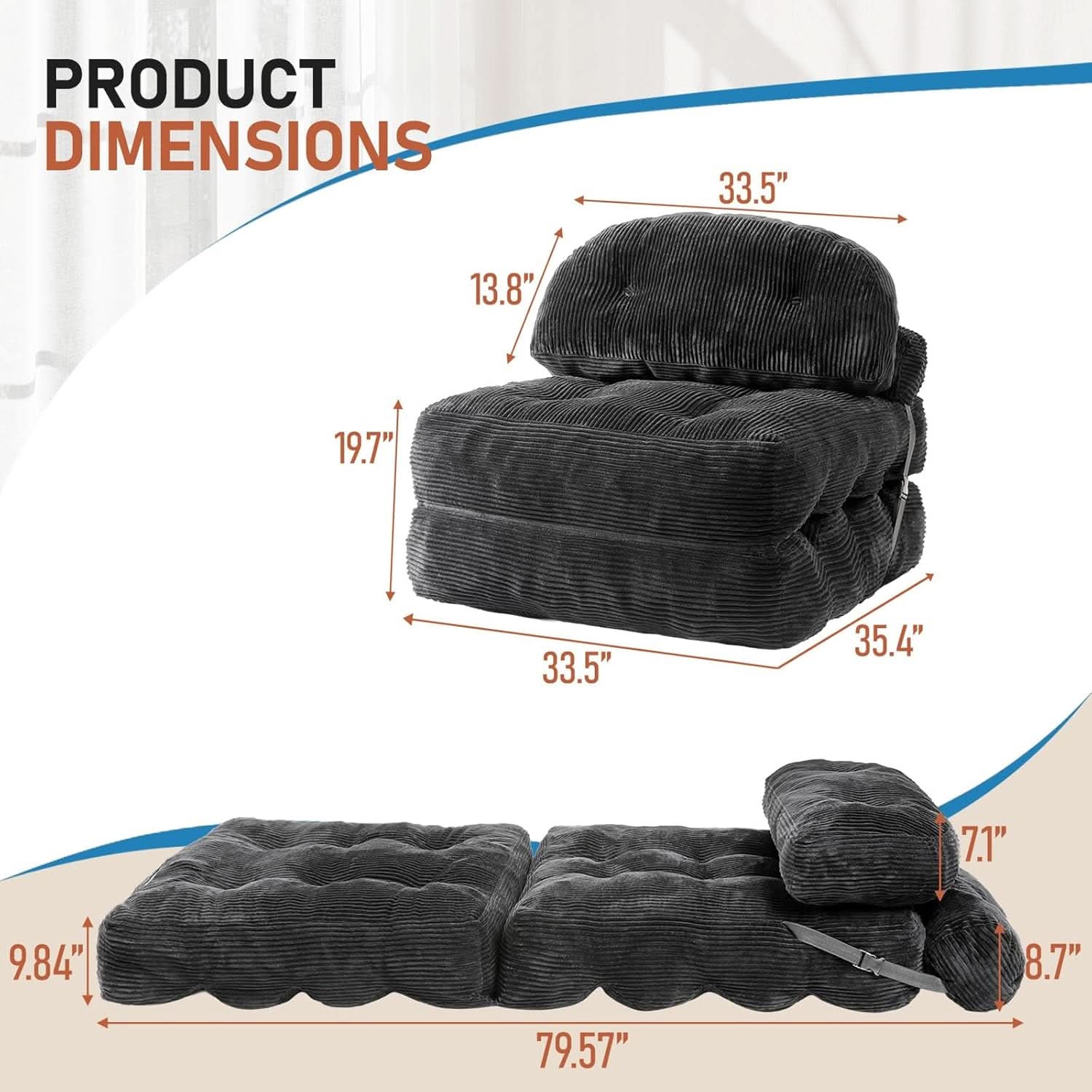 Dark Gray Folding Sofa Bed With Ergonomic Back Support