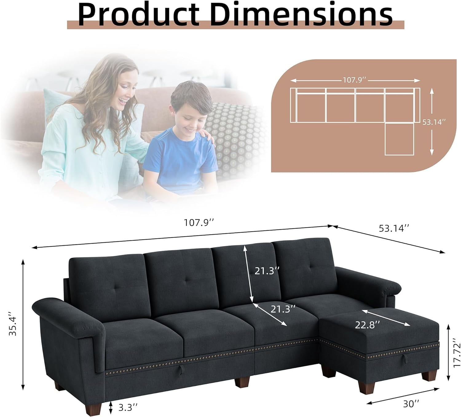 Dark Gray L Shaped Sectional Sofa With Hidden Storage