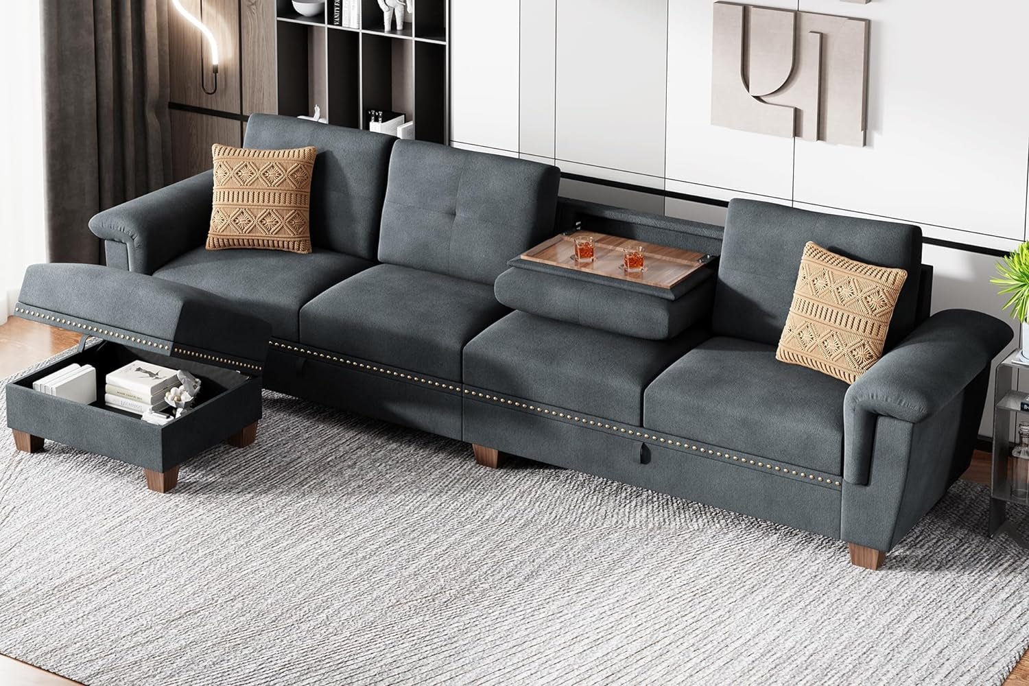 Dark Gray L Shaped Sectional Sofa With Hidden Storage