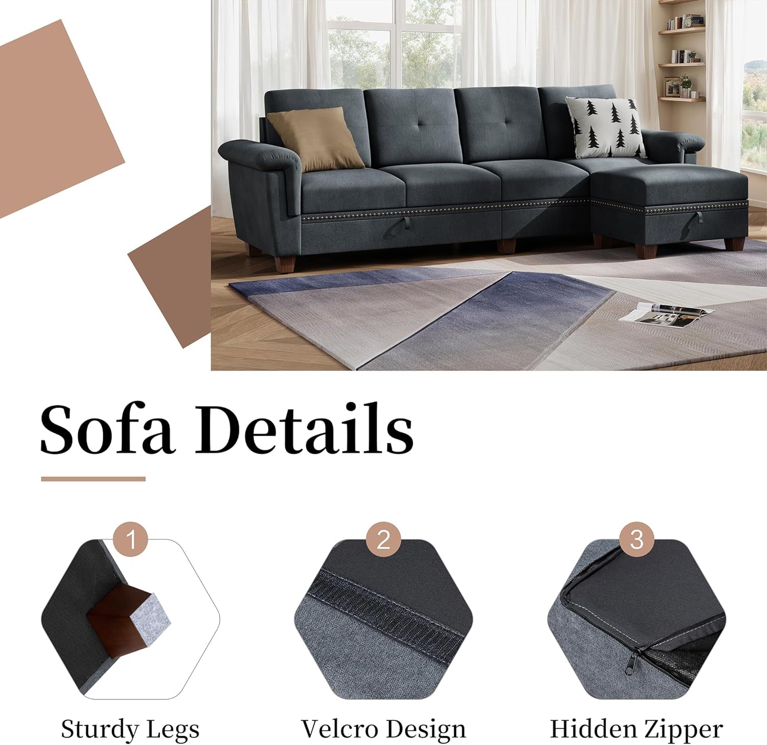 Dark Gray L Shaped Sectional Sofa With Hidden Storage