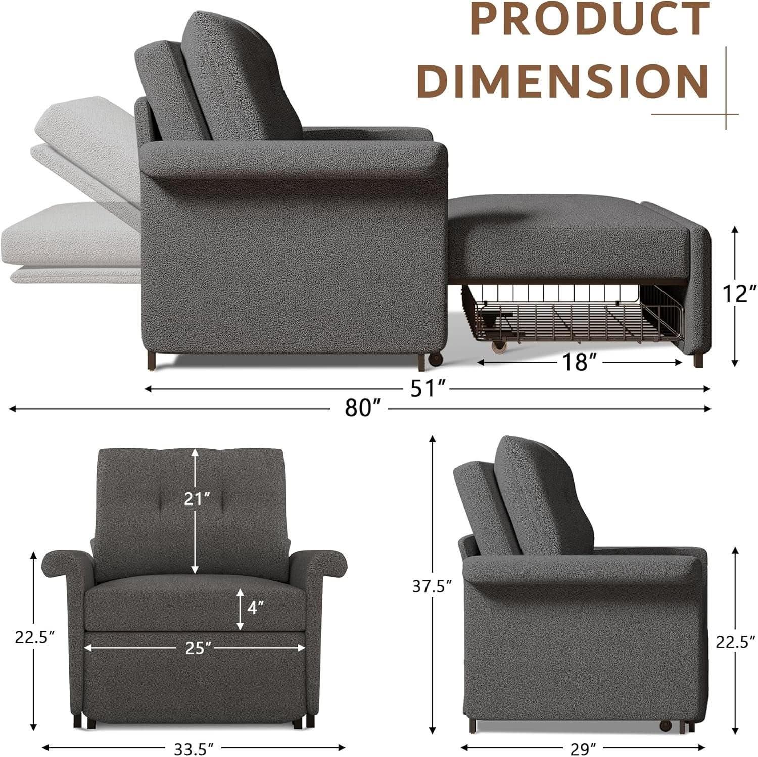Dark Gray Lambswool Fabric Textured Sofa Bed Chair Storage