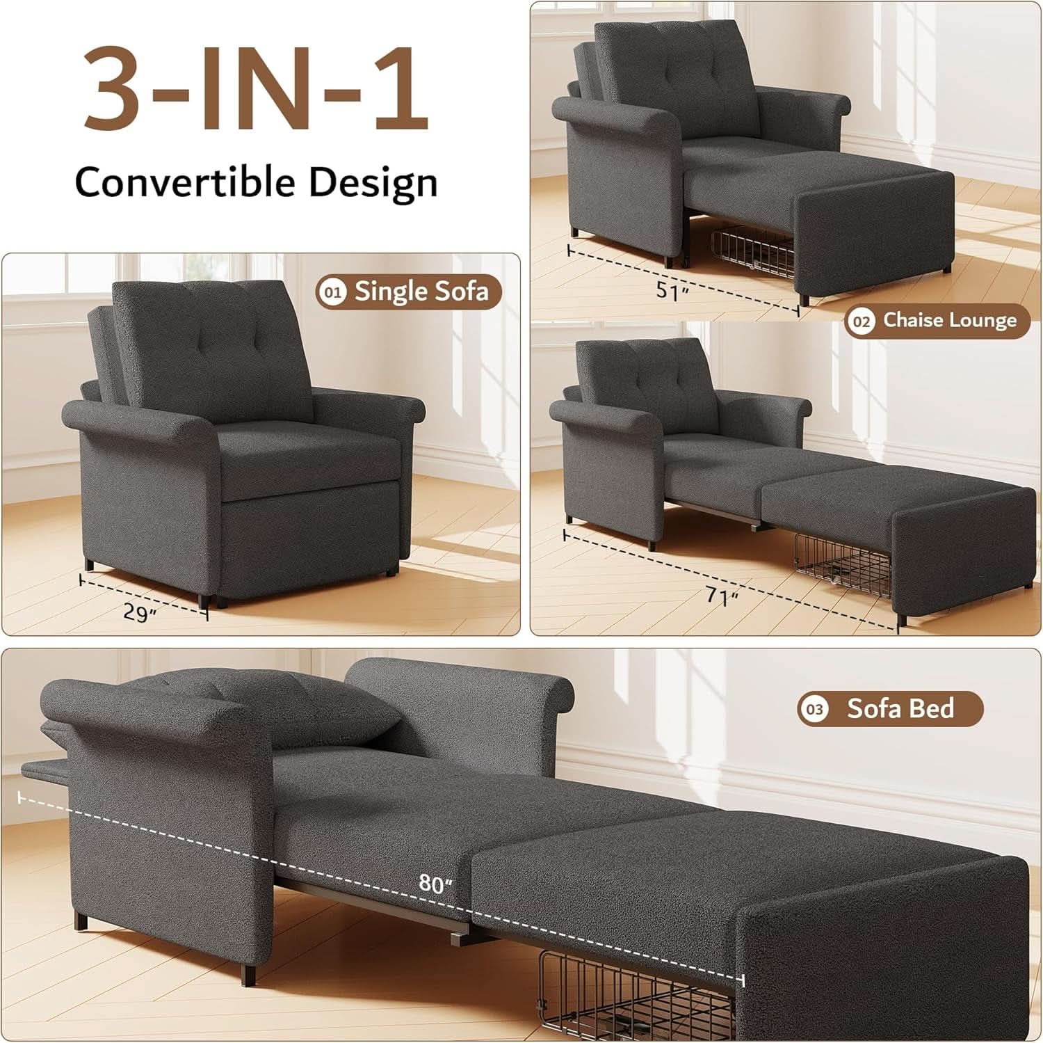 Dark Gray Lambswool Fabric Textured Sofa Bed Chair Storage