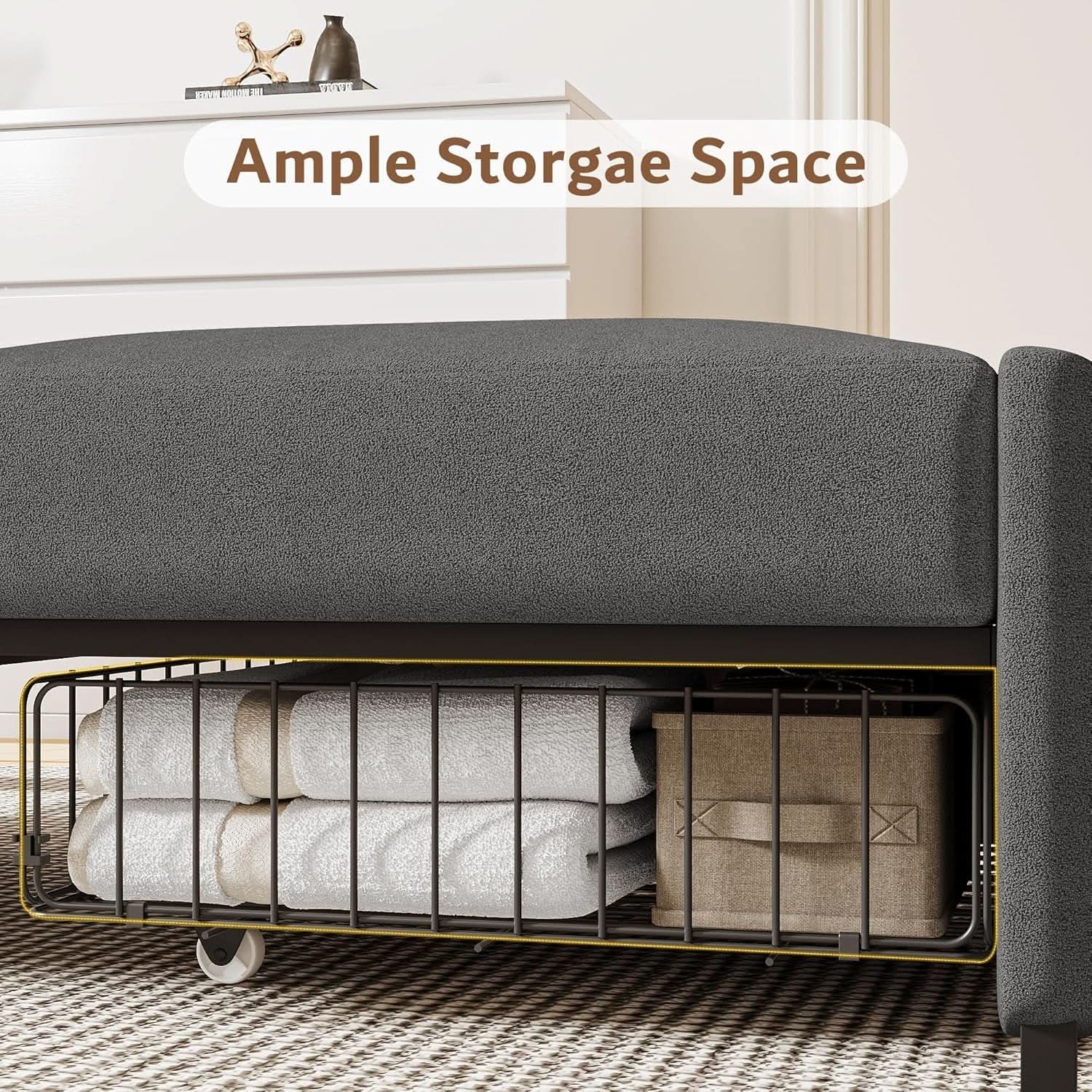 Dark Gray Lambswool Fabric Textured Sofa Bed Chair Storage
