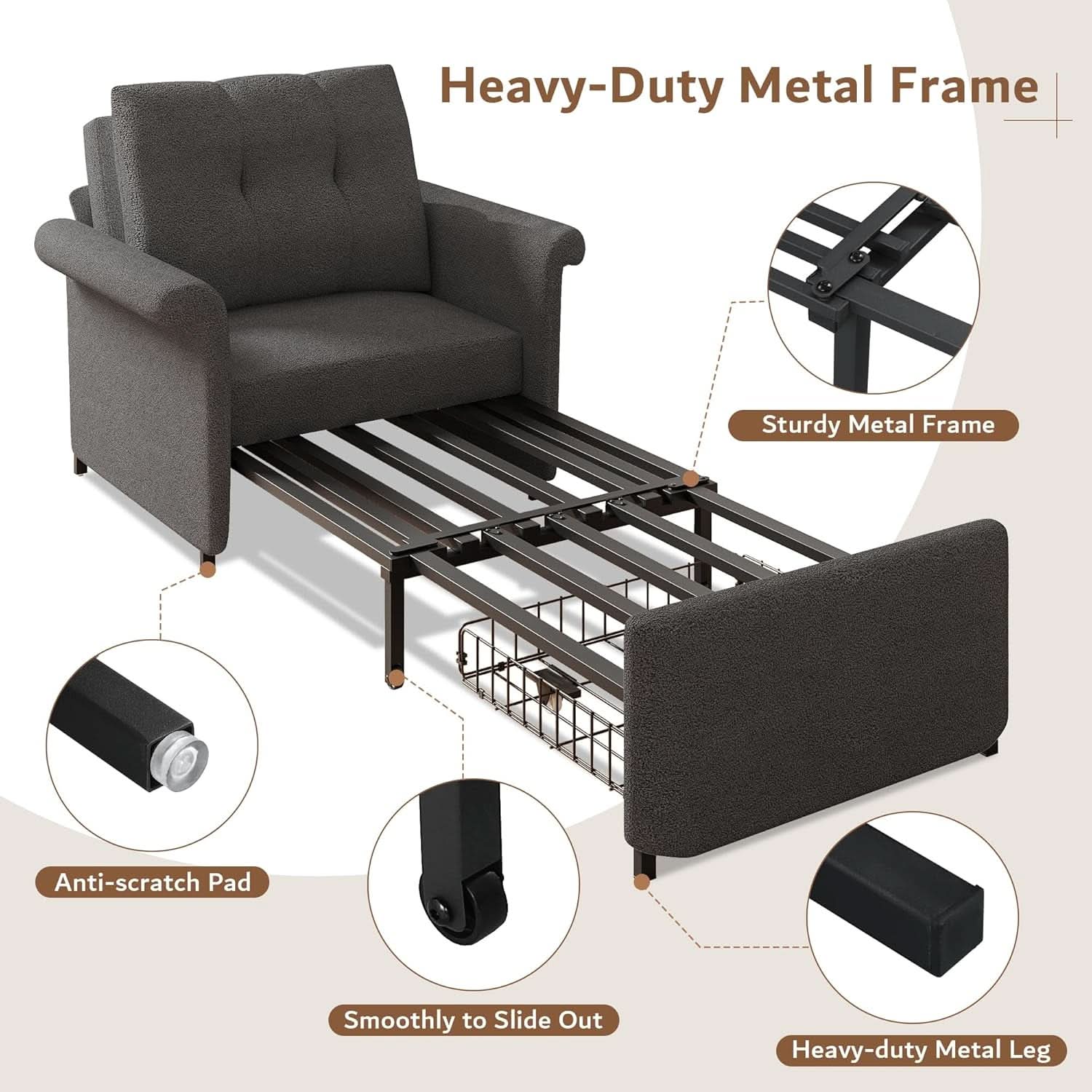 Dark Gray Lambswool Fabric Textured Sofa Bed Chair Storage