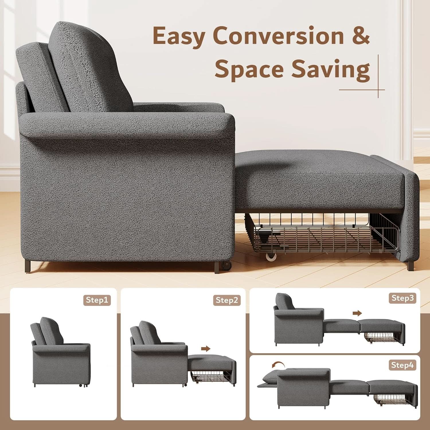 Dark Gray Lambswool Fabric Textured Sofa Bed Chair Storage