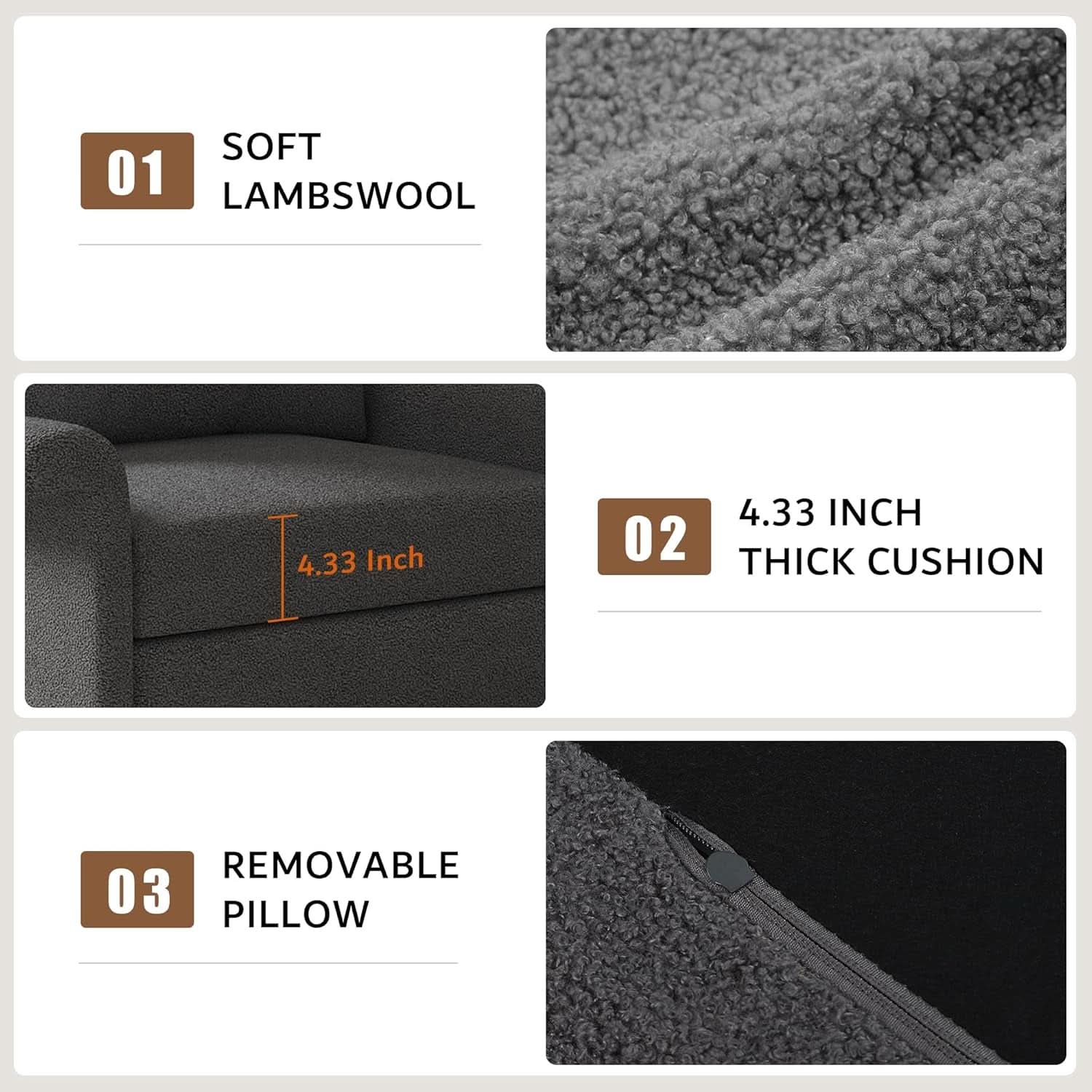 Dark Gray Lambswool Fabric Textured Sofa Bed Chair Storage