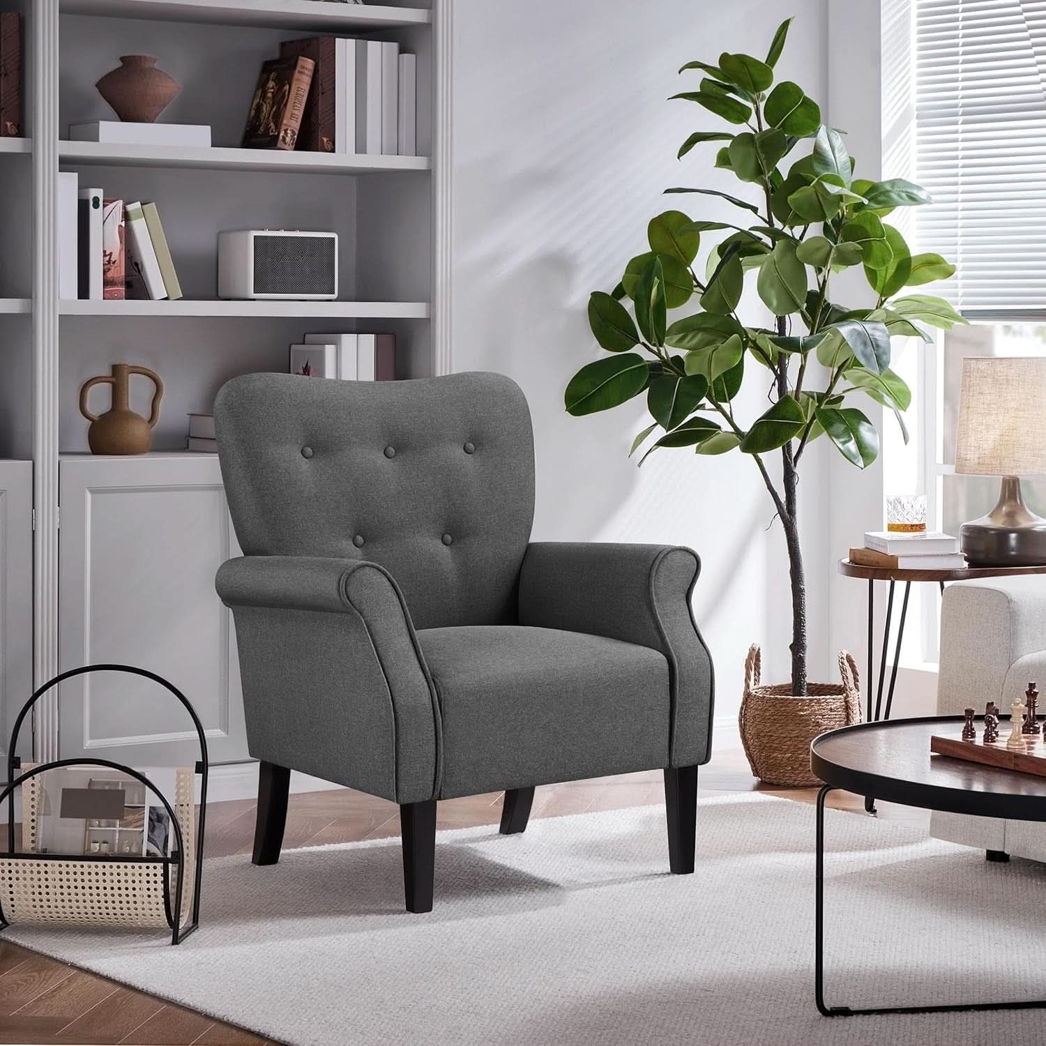 Dark Gray Mid Century Upholstered Armchair Tufted Back