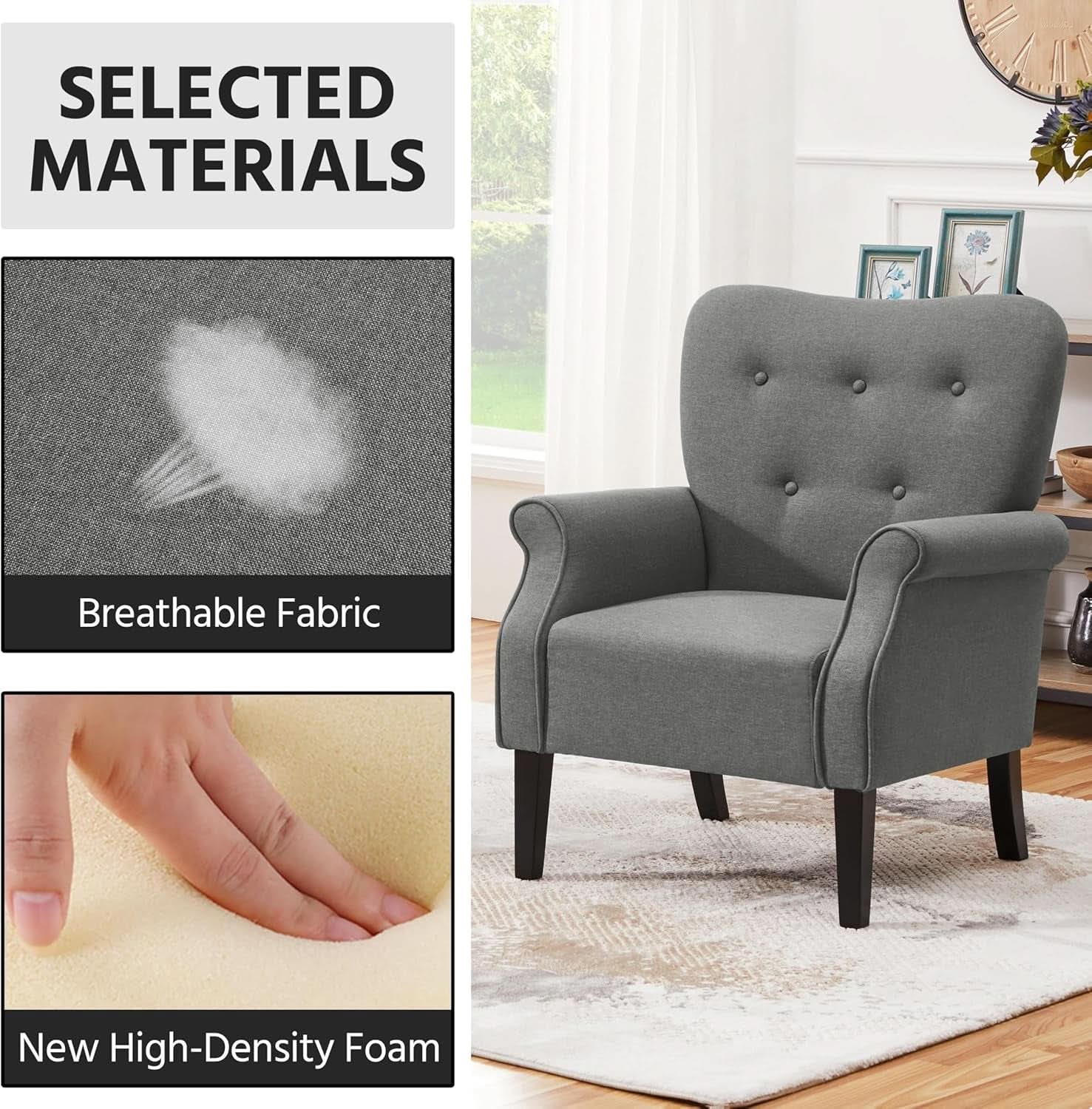 Dark Gray Mid Century Upholstered Armchair Tufted Back