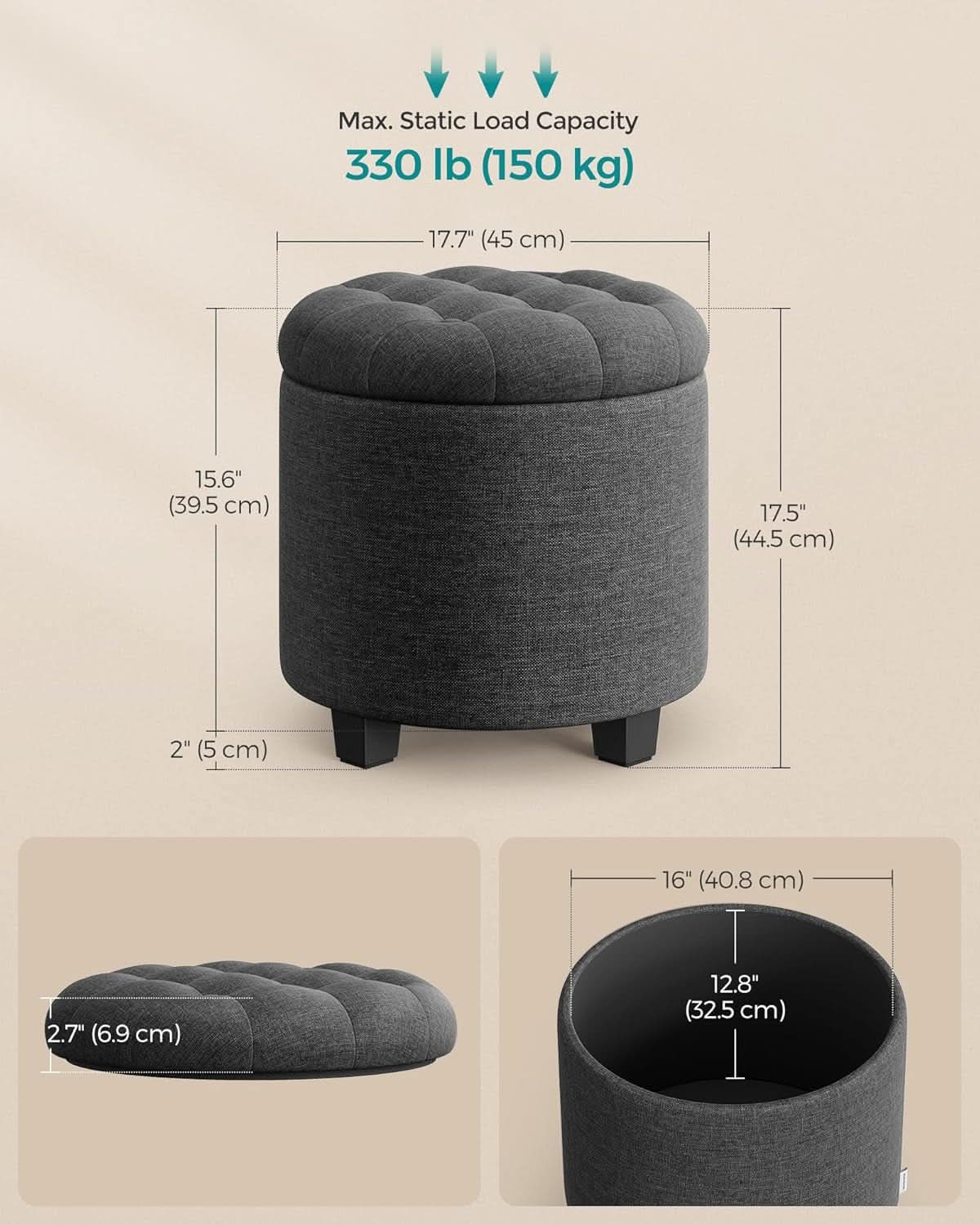 Dark Gray Round Ottoman 17InchesDiameter With Storage