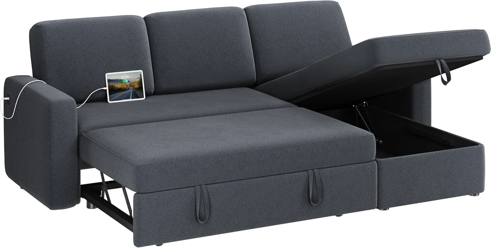 Dark Gray Sectional Sofa With Chaise And USB Charging