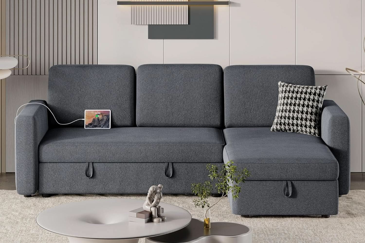 Dark Gray Sectional Sofa With Chaise And USB Charging