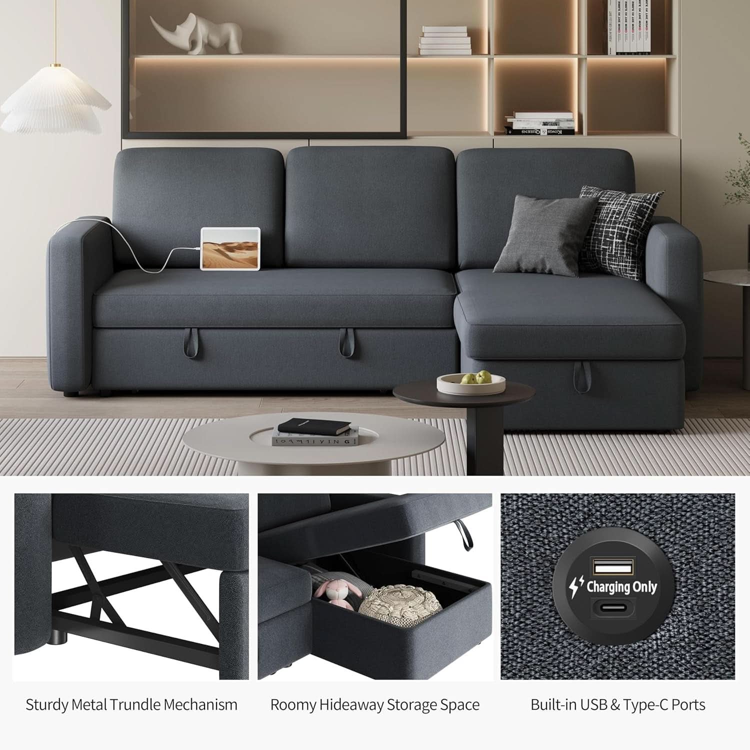 Dark Gray Sectional Sofa With Chaise And USB Charging