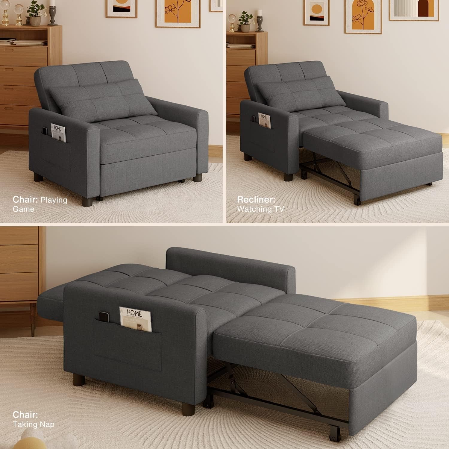 Dark Gray Sleeper Chair Bed Three In One Convertible Modern Linen Fabric Sofa