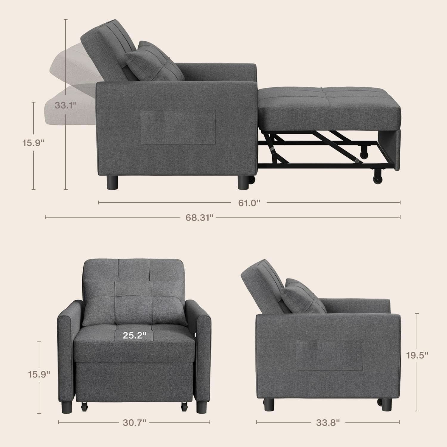 Dark Gray Sleeper Chair Bed Three In One Convertible Modern Linen Fabric Sofa