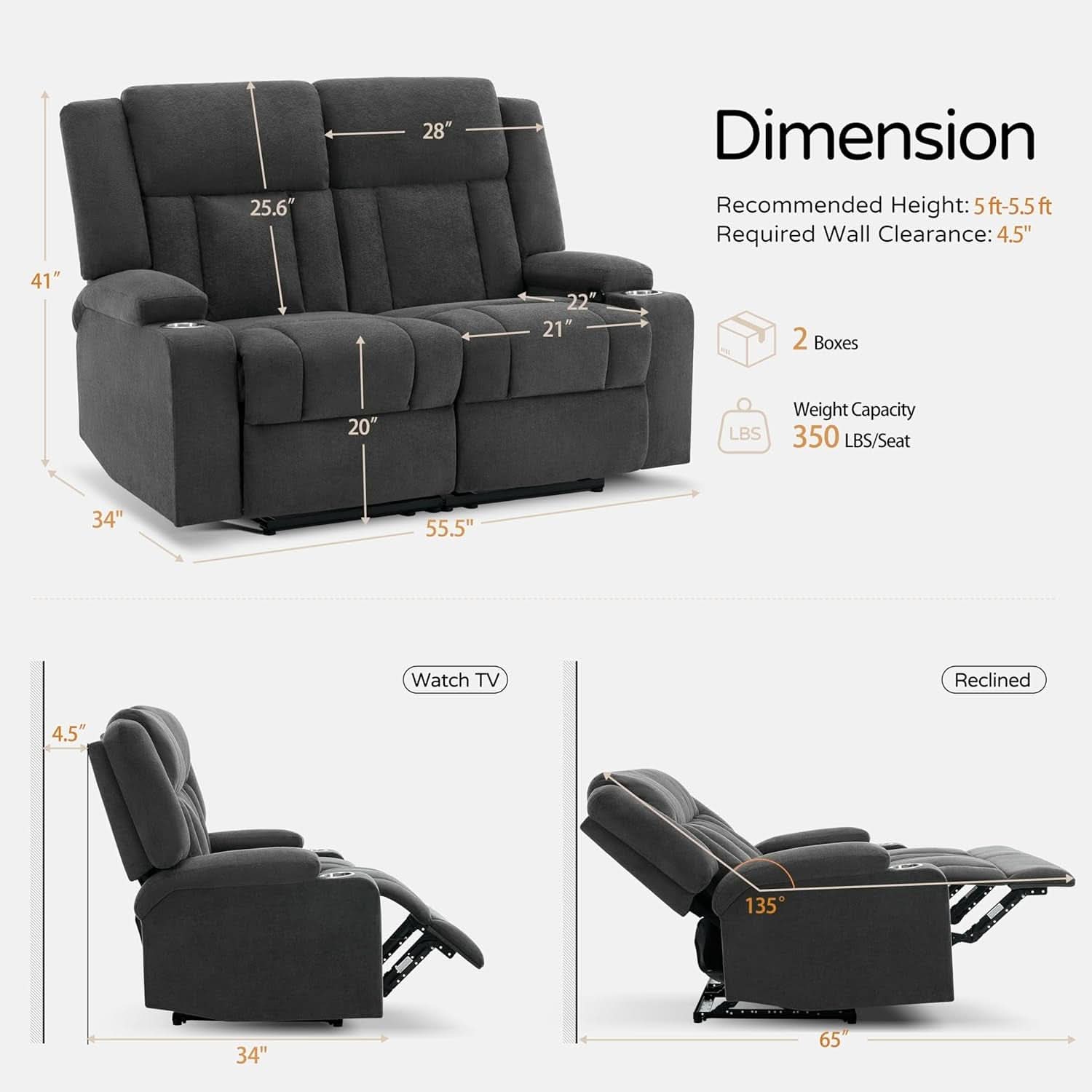Dark Gray Two Seat Recliner Loveseat With Cup Holders
