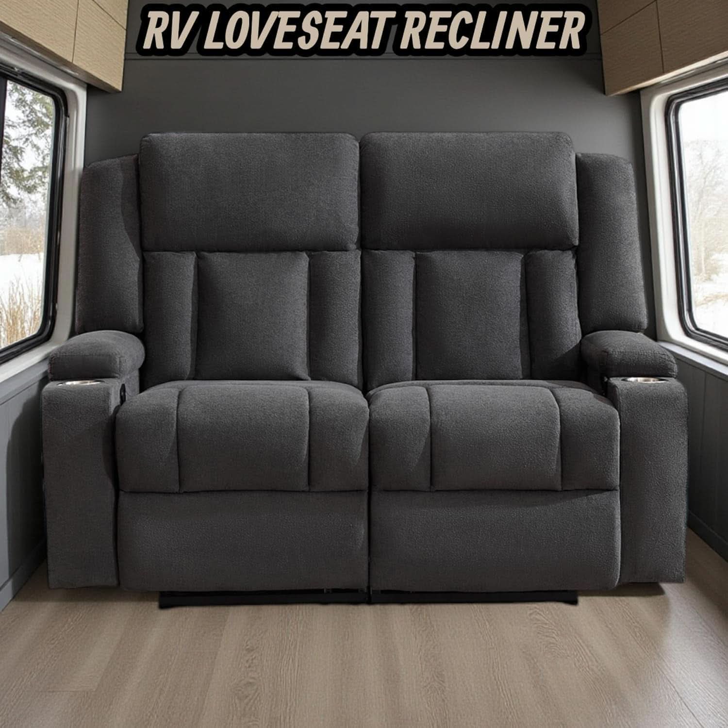 Dark Gray Two Seat Recliner Loveseat With Cup Holders