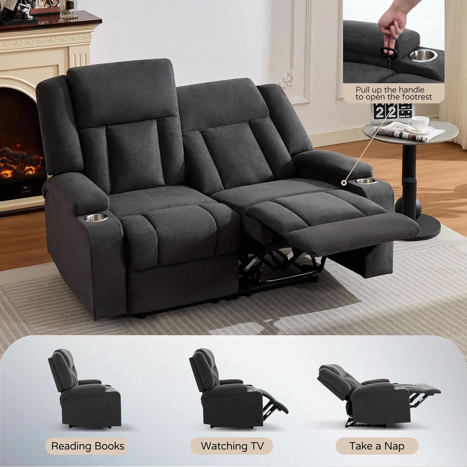 Dark Gray Two Seat Recliner Loveseat With Cup Holders