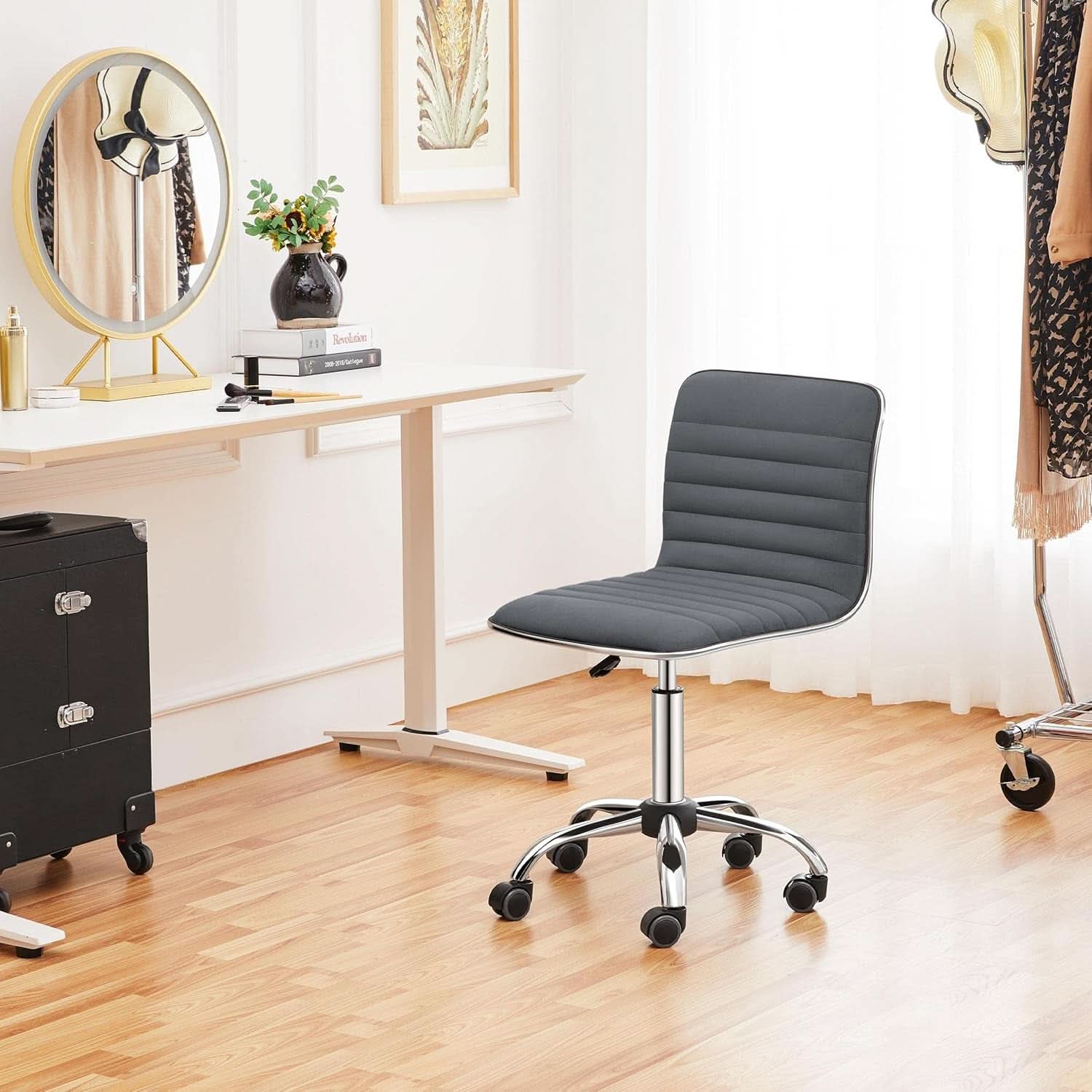 Dark Gray Velvet Armless Swivel Chair Height Adjustable