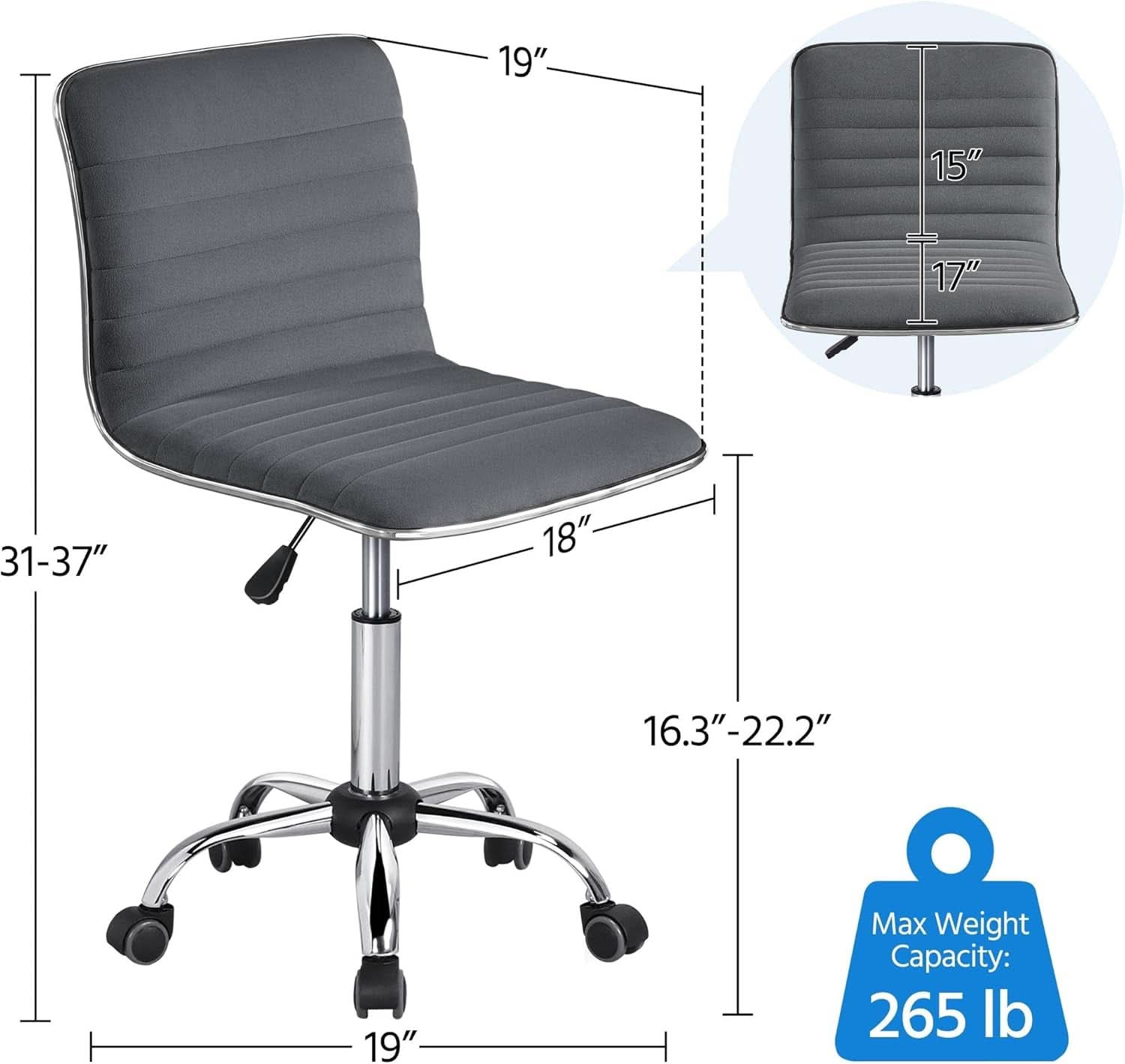 Dark Gray Velvet Armless Swivel Chair Height Adjustable