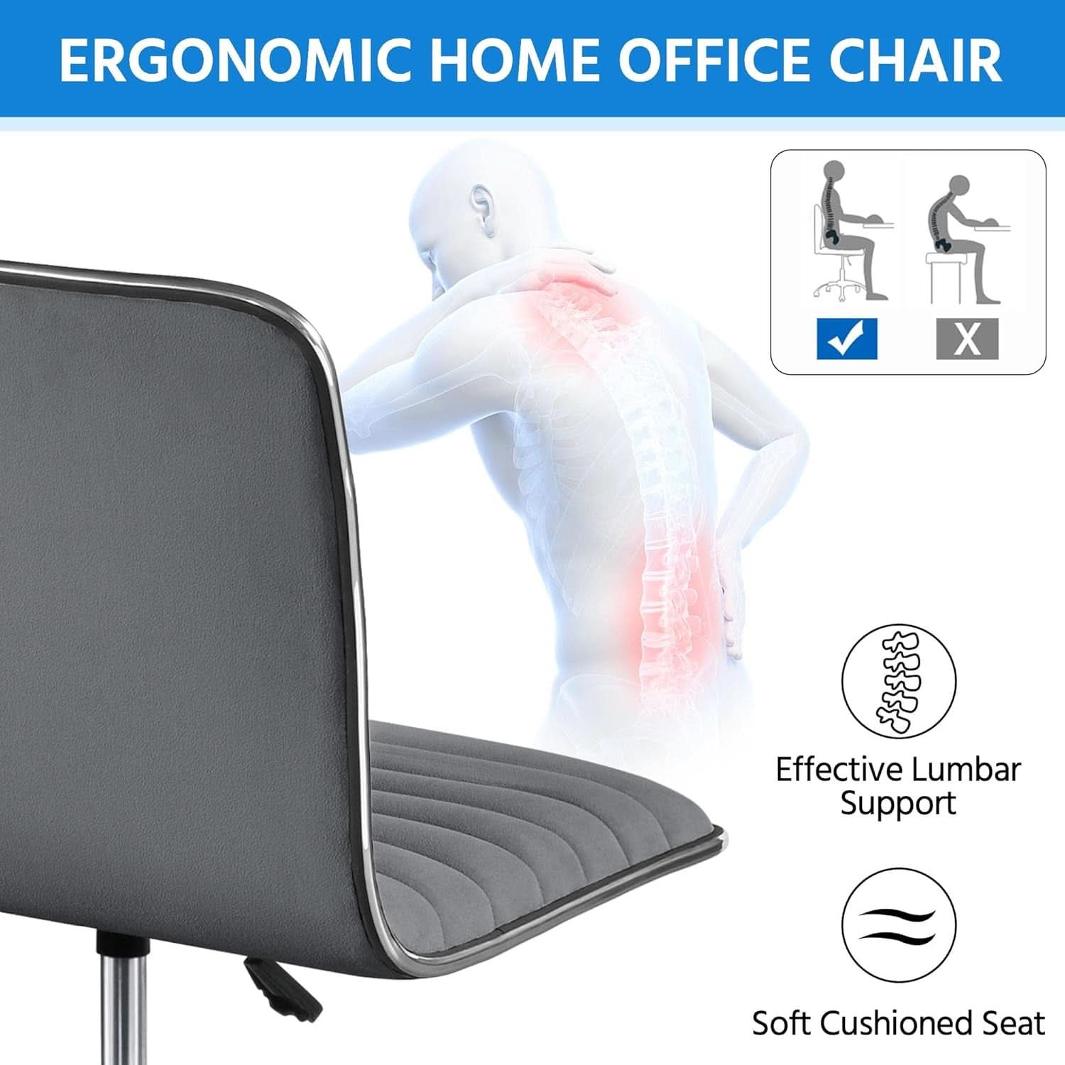 Dark Gray Velvet Armless Swivel Chair Height Adjustable