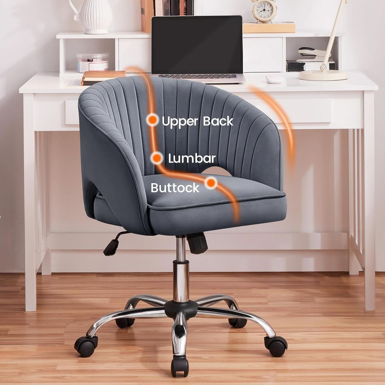 Dark Gray Velvet Swivel Office Chair Tufted Barrel Back