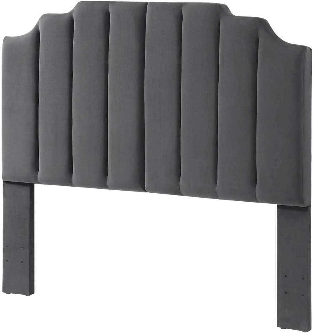 Dark Gray Velvet Tufted Queen Headboard with Curved Design