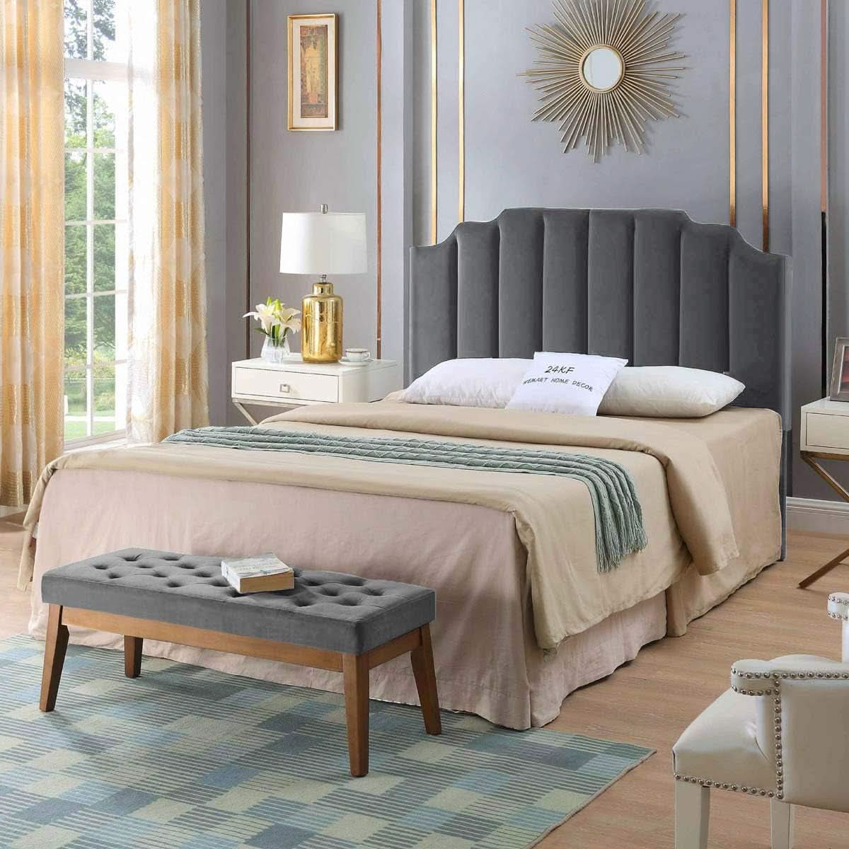 Dark Gray Velvet Tufted Queen Headboard with Curved Design
